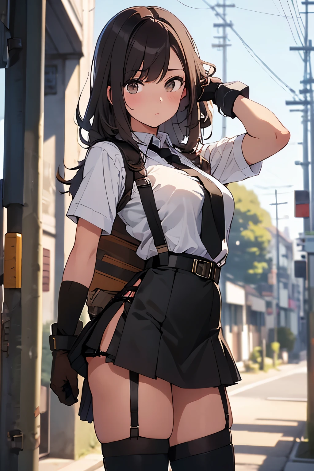 brown hair、looking at the viewer suspenders Bulging big breasts Black miniskirt garter belt knee high socks Gaze small face bangs Beauty hands up Gaze black boots provocation one person cutter shirt Panty shot hands behind put your hands behind your back Hands behind your back With your hands behind your back armed holster handgun belt garter bell black gloves with holes