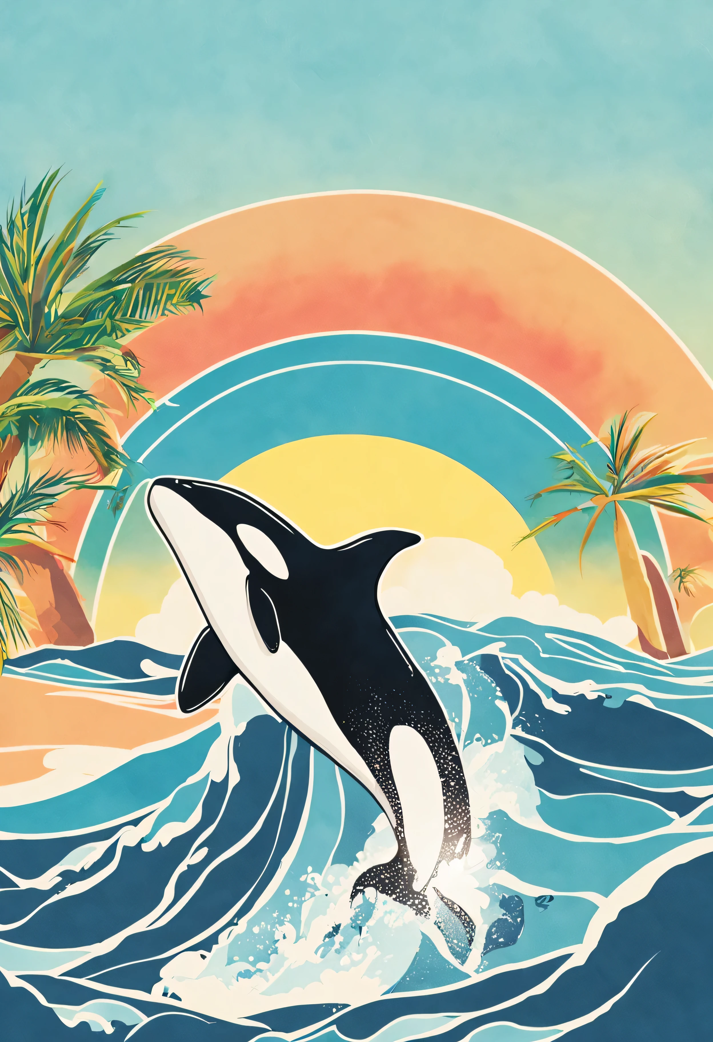 boy diver, Orca , square shape image, 계란말이,big sun rize ,wave,colorfull, sticker, blood rainbow, palm tree shadow behind,