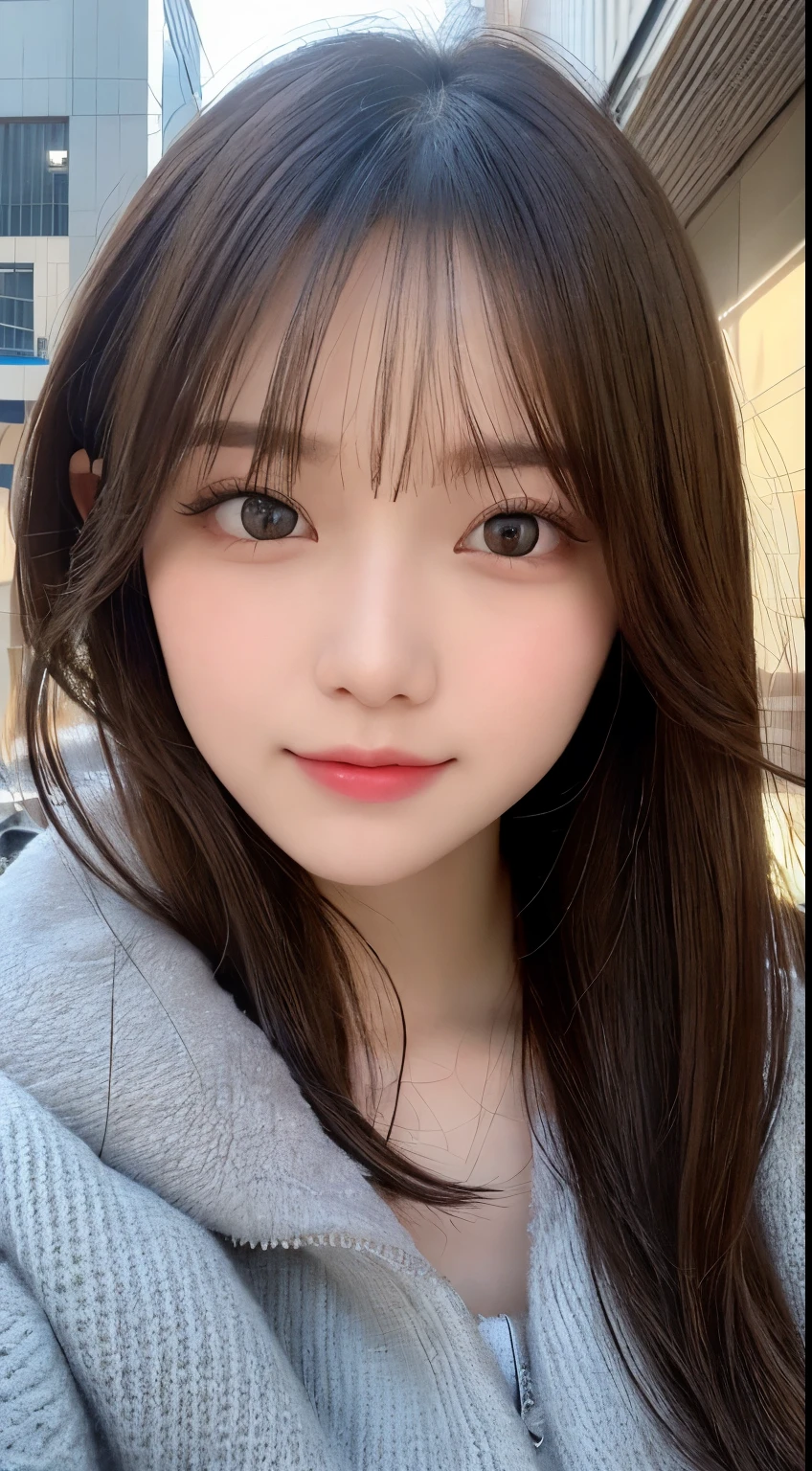 table top, highest quality, shape, Super detailed, finely, High resolution, 8k wallpaper, 完璧なダイナミックな構shape, beautiful and detailed eyes, Fluffy gray Tokyo winter clothes with elegant fur,medium hair,,natural color lip,smile,20 year old girl、cute、Sexy looking at camera,常にblur background,perfect and beautiful face,Take only the face,beautiful and detailed face、slim face and style、Big eyes、elegant face、beautiful and detailed face、KPOP idol face、japan idol face、Big eyes、blur background、real photos