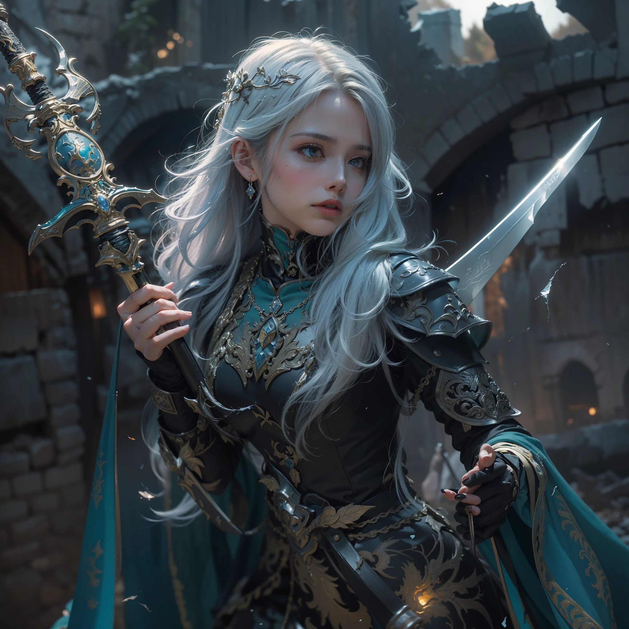 (Numerous award-winning masterpiece s, incredibly detailed, textured and maximally detailed), (hyper realistic:1.4), (realistic:1.3), (top quality real texture skin), (detailed true circle eyes), (detailed and beautiful face:1.6), ((medieval world)), (jet black knight), delicately decorated, (delicately decorated dark black armor), (armor damaged but delicately decorated:1.5), not wearing a helmet, (full body portrait:1.6), ((looking up)), ((looking down)), ( Full-length standing image:1.8), (holding the hilt of an elaborately decorated black long sword shining with a huge light:1.7), (dramatic pose), (gorgeous pose), (beautiful pose), beautiful blue hair, beautiful silver hair, beautiful blond hair ,black web robe, spider on armor, strong warrior, Agile Warrior ((Dramatic photo)), ((Dynamic photo)), full-length view, highly detailed, ultra-realistic, intricate details, painting (artwork), ((masterpiece, top quality)), ((cinematic light)), hyper realistic, scary, dark fantasy , detailed armor, detailed (masterpiece,top quality), (cinematic light), (cinematic detail:1.1), (cinematic detail:1.1), (cinematic detail:1.1), (cinematic detail:1.1), (cinematic detail:1.1), (cinematic detail:1.1), (cinematic detail:0.5), (cinematic detail:1.2), (cinematic detail:1.5), (art station:1.5), cinematic, warm light, light effect, dramatic light, (complex detail:1.1), complex background, (greg latkowski:), (cinematic detail:1.2), (art station:) 0.8), (teal and orange: 0.4), (swirling flames), (swirling lightning), (swirling ice and snow), old ruins infested with vegetation, ruins of an old castle, in a dungeon, ruins of an ancient castle, abandoned mine, deserted ruins, crumbling ruins, ruins with clear pools, twilight, sunset, dusk, rippling water , flowing water, battlefield, bioluminescence,.
