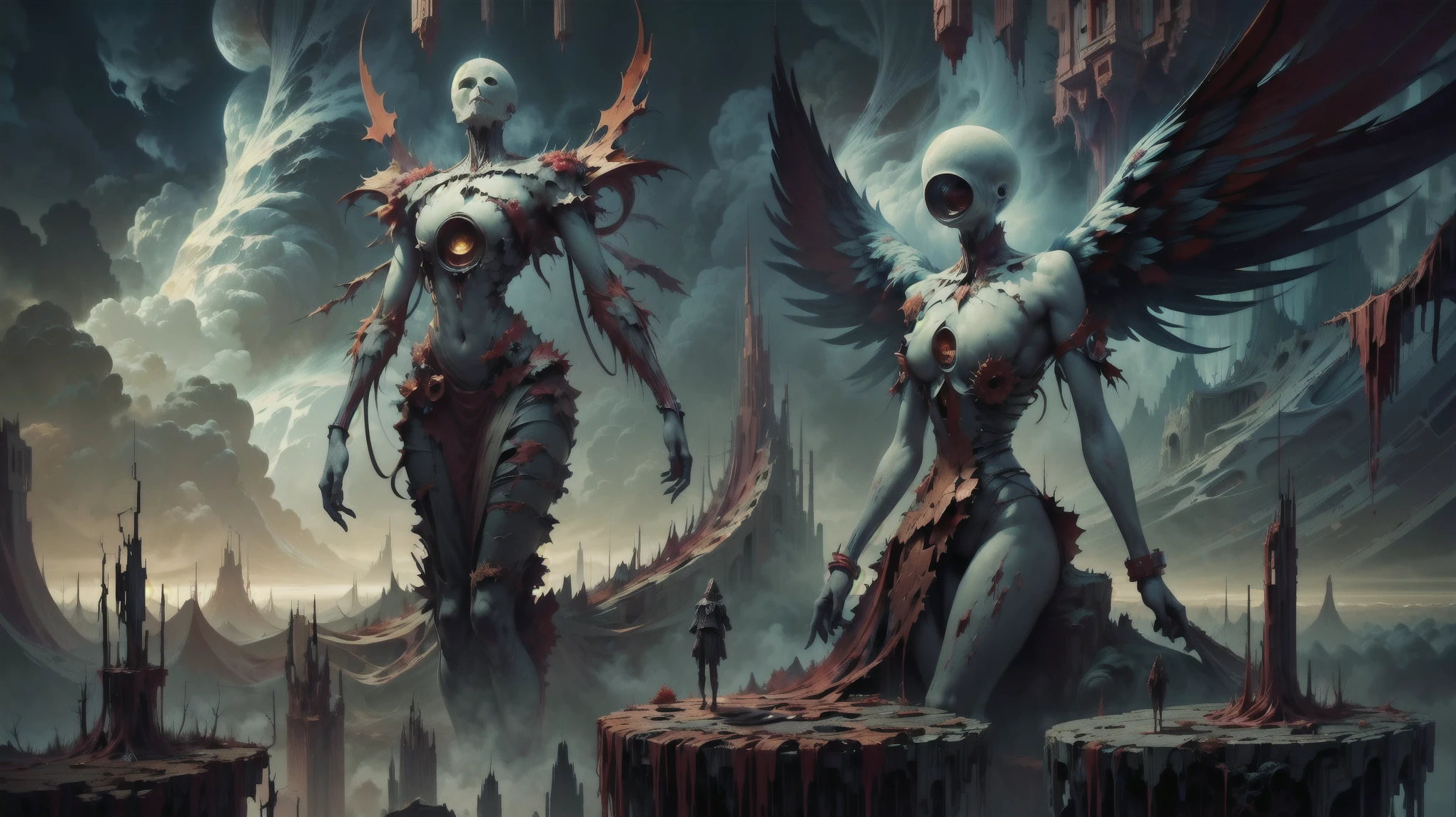 a pair of statues with wings next to each other, arte cyberpunk por Raymond Swanland, CGSetnação, neofigurativo, dystopian art, Reimaginado pela luz industrial e magia, Fractalismo, arte de apocalipse