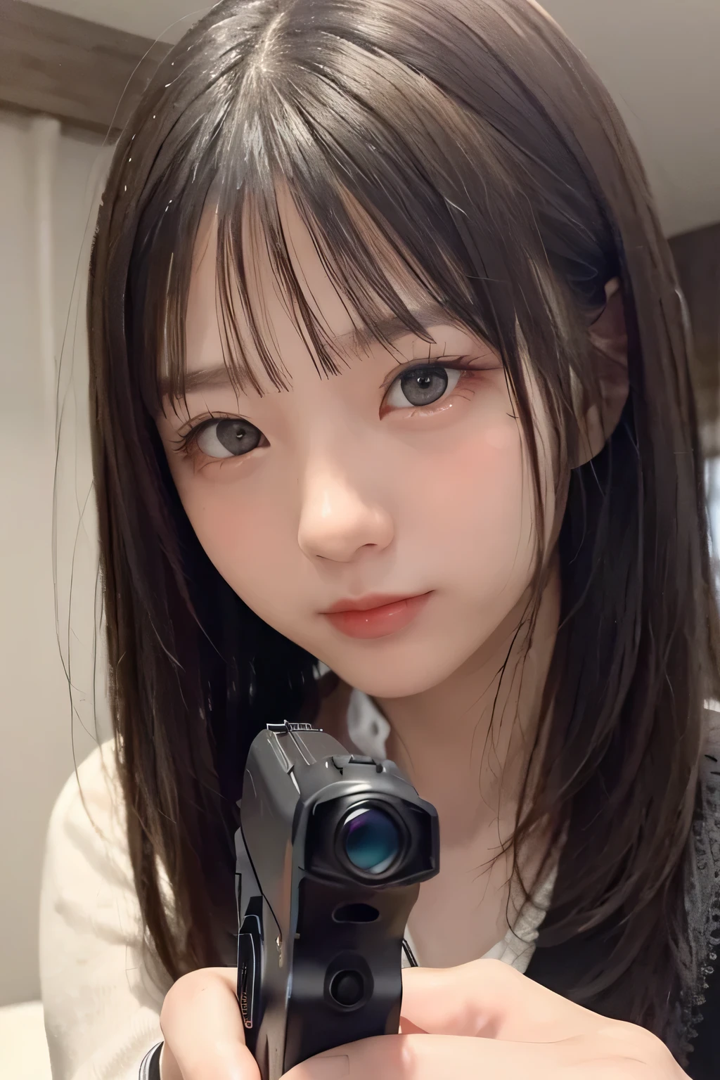 (upper body close-up), portrait, portrait, , 8K,masterpiece, highest quality, 、With a round face、slim、flat body、cute、、、brown eyes、no makeup、To the audience, have a small gun, hand gun, ((Aim at the viewer with a gun)),, two pistols, ((hand gunを持っている)), , (((decent looking gun)))), detailed background, flash, Smoke, , Falling cartridge case,