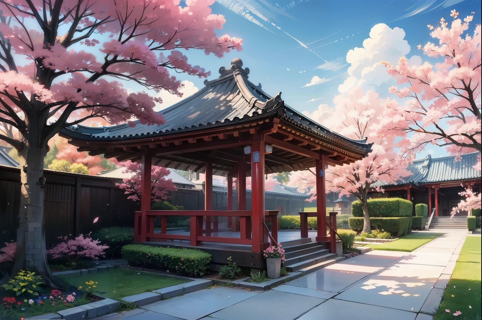 Painting of a whimsical wuxia palace, small colorful cherry blossoms, Sunkissed lighting, rainy day, beautiful art uhd 8k, a beautiful artwork illustration, beautiful digital painting, highly detailed digital painting, beautiful digital artwork, a detailed painting 8k, rich picturesque colors, gorgeous digital painting