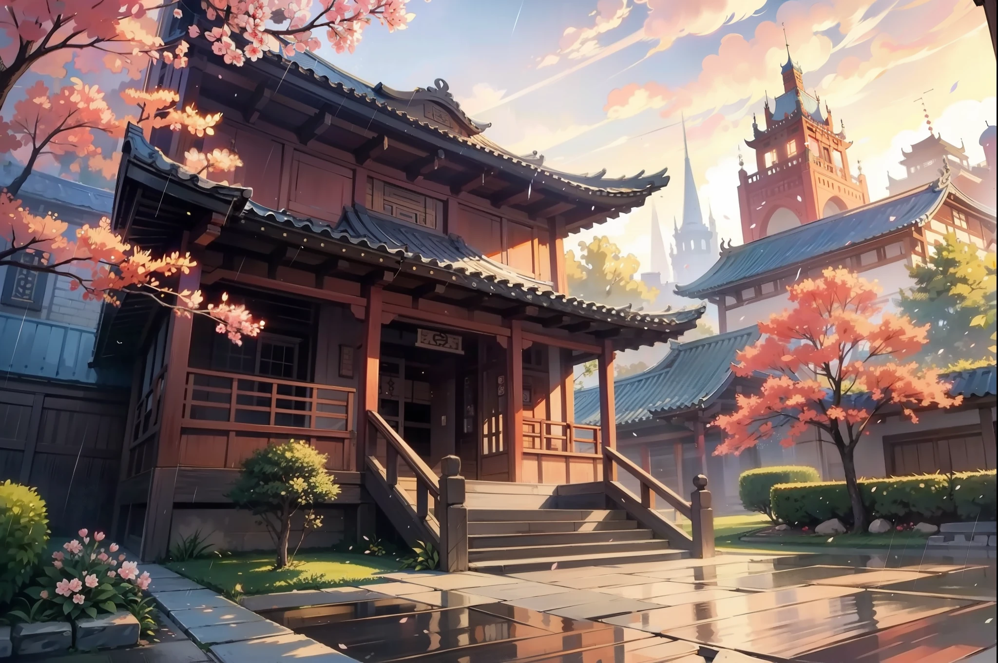 Painting of a whimsical wuxia palace, small colorful cherry blossoms, Sunkissed lighting, rainy day, beautiful art uhd 8k, a beautiful artwork illustration, beautiful digital painting, highly detailed digital painting, beautiful digital artwork, a detailed painting 8k, rich picturesque colors, gorgeous digital painting