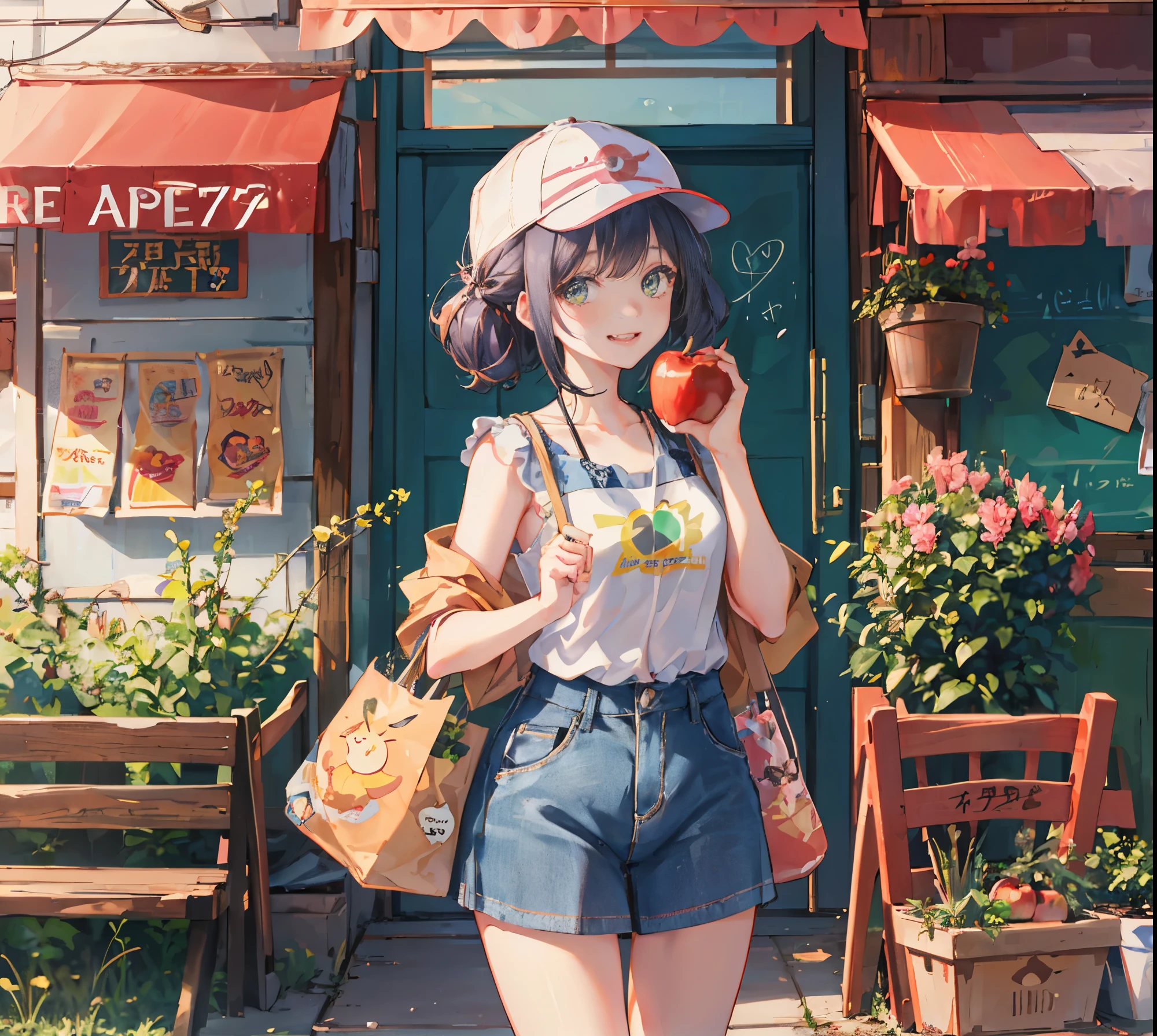 (highest quality, ),cute ergartener,small breasts, apple magazine cover,Jacket photo,A girl who captures my heart,Background of apple town, girls with apples,apple print clothes, 18+, NSFW,Girls get, 16 ynderful, cute, smile, audience, article, shape, advertisement, magazine title, Lily \(Pokemon\),リンゴのCMのadvertisement, Are standing, cowboy shot, looking at the viewer, green eyes, smile, V arm,