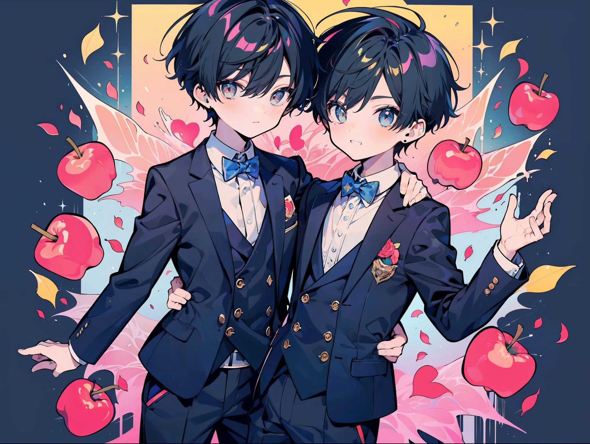 two boys without clothes, gay boy relationship, 10 year old boy,（full body photo） (upper body blazer),（lower body） cute, Under the school apple, （petals dance）