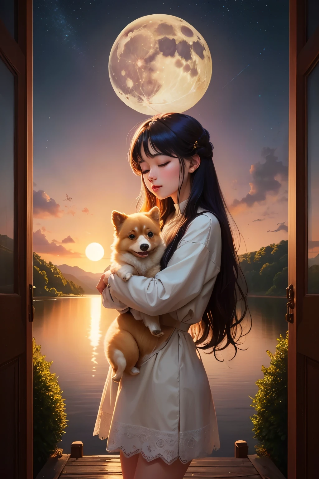 ((highest quality)), ((masterpiece)), (be familiar with), moon lake A woman hugging a Pomeranian colorful illustration