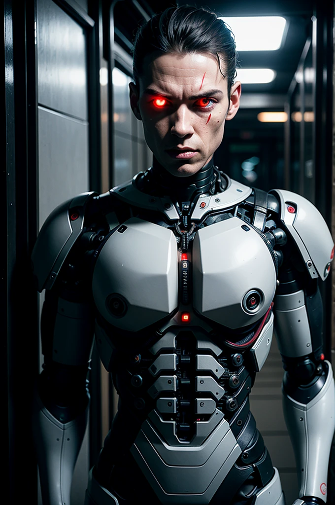 one woman, Brutal woman, cyborg, mechanical body, mechanical implants on the face, mechanical arms and legs, mechanical spine, robot, stern face, cybernetic face, red eyes, horror, fear, horror, in a dark corridor, cyberpunk style, night,  dark atmosphere, debris everywhere, eye contact, looking at viewer, masterpiece, best quality, perfect detail, perfect face detail, perfect eye detail, perfect skin detail, depth of field, perfect lighting