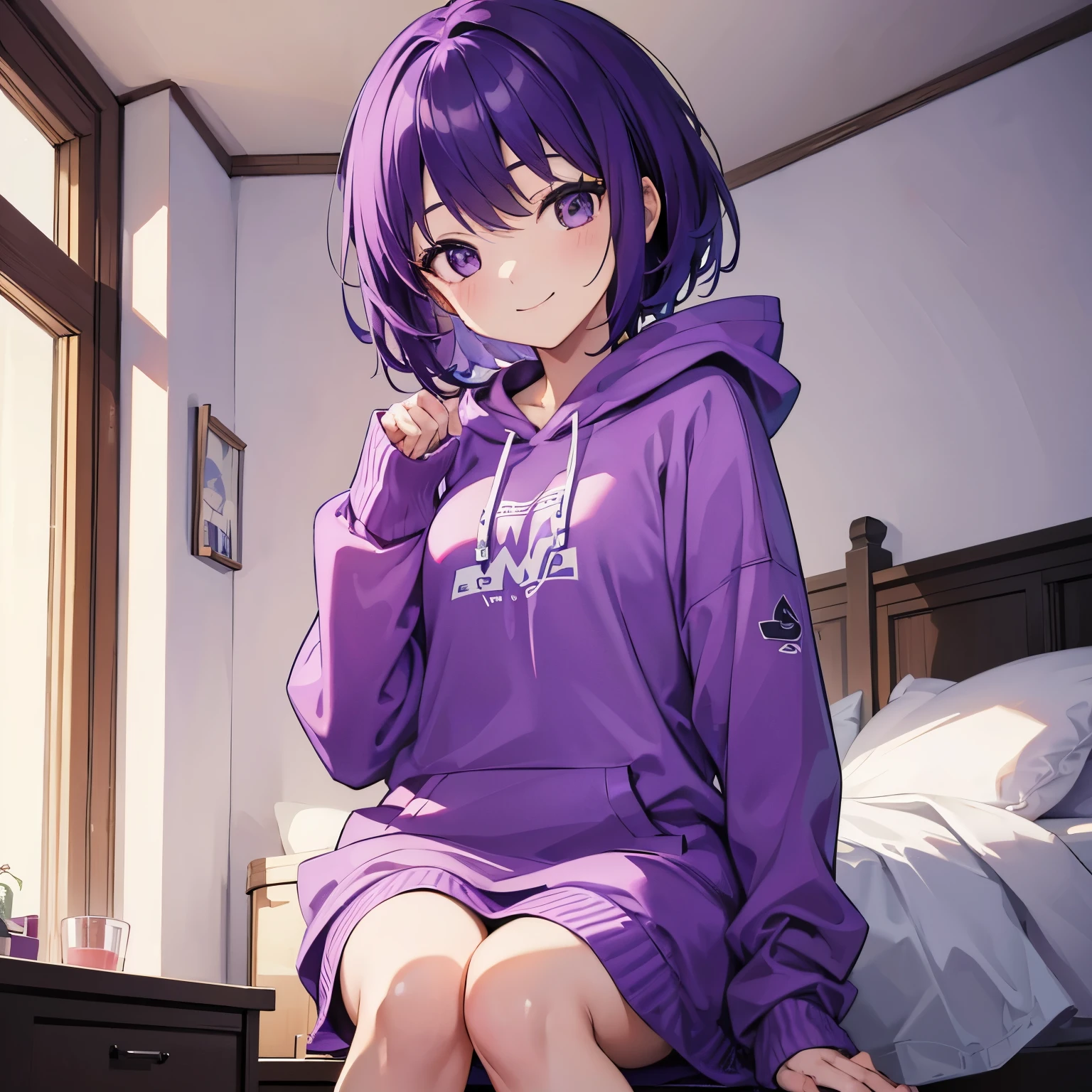 (T Masterpiece，4k wallpaper，best quality))、((girl１people))、(solo)、Brilliant，(purple hair)、(shortcut:1.3)、smile、Bedroom、morning、hoodie