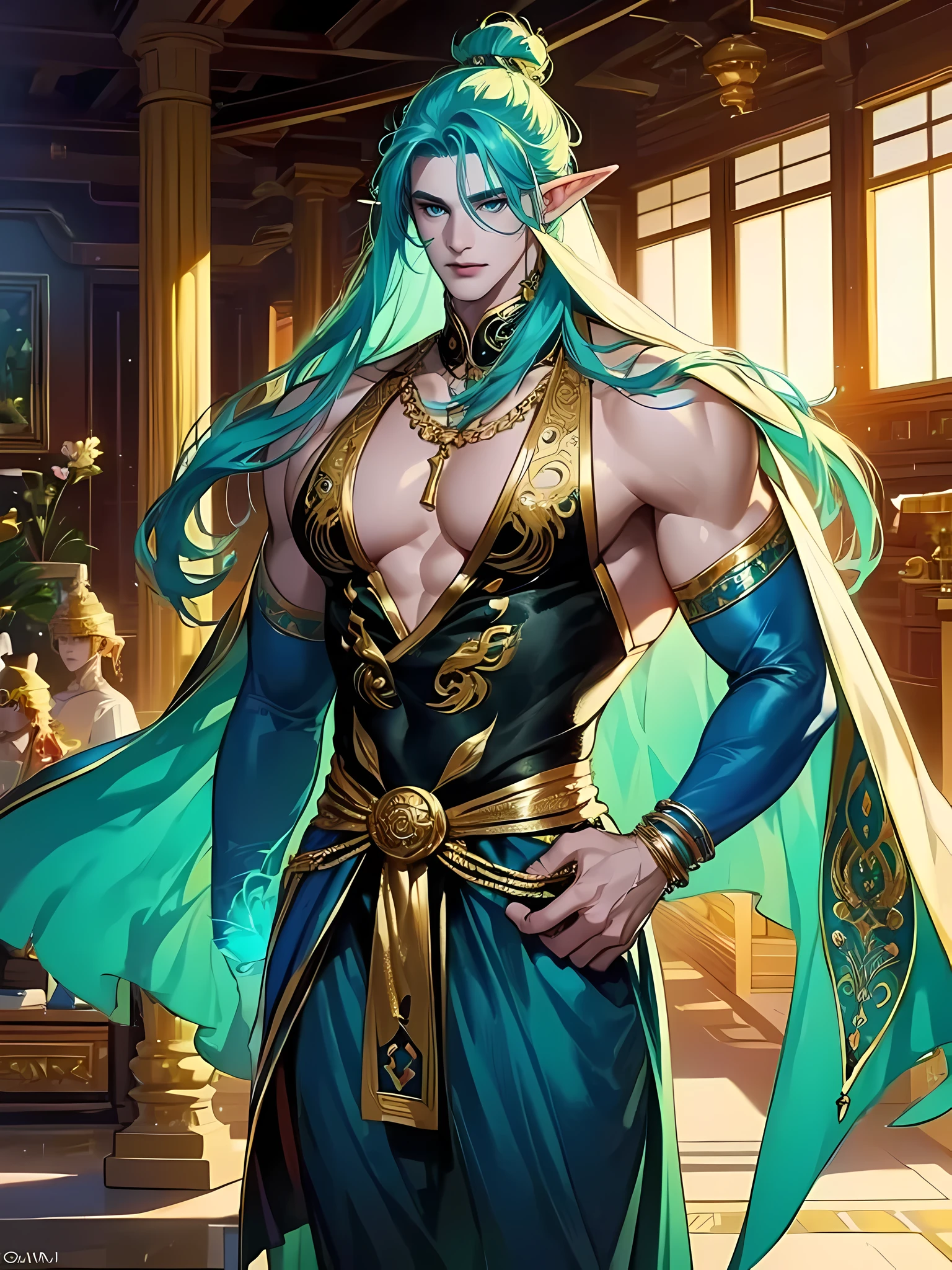 (((intricate design))) (((Top quality))) (((16K))) (((High Definition))) 16K splash art, photorealistic, high-res, ultra sharp, ((masterpiece)), the best quality, expressive eyes, perfect face, Super eyes, perfectly detailed anatomy, man, thick thighs, large bulge, (((Volumetric lighting))) (((cinematic light))) (((1male))) (((bodybuilder))) (((muscular))) metrosexual, strong jawline, pale skin, coloured tattoos, glowing blue eyes, attractive male deity, beautiful male elf, clothes themed on a peacock mage, long green hair, man bun, feather veil, feathers, feathers in the wind, in a temple, gold necklace, gold rings, clothing made of feathers