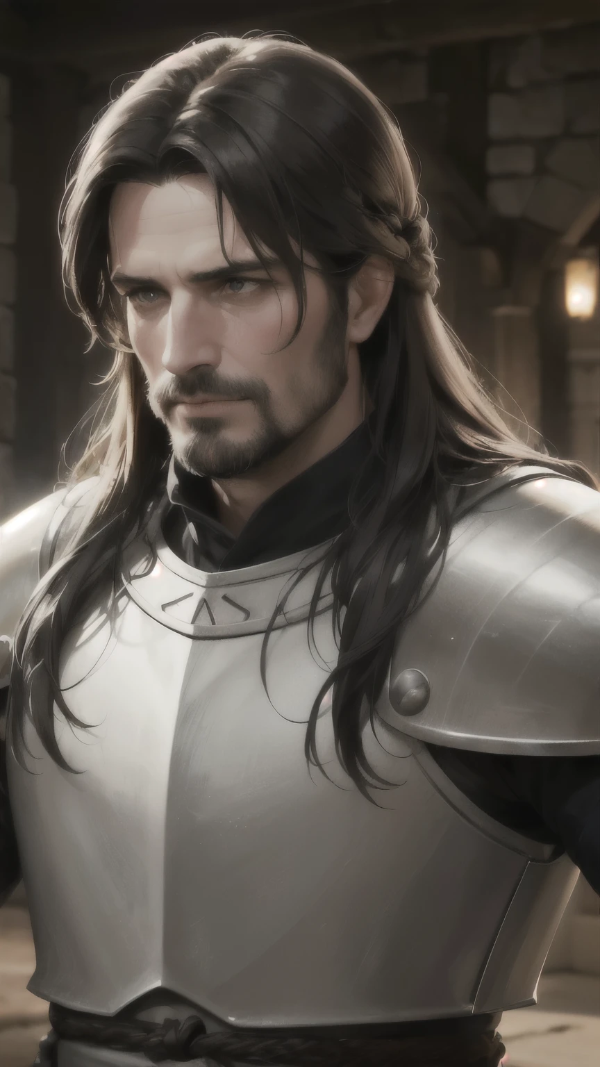 Aragorn, a 48-year-old man, married, with long curly chestnut hair, a stubble beard. He is a knight wearing white plate armor, skilled in swordsmanship. The scene is set in the medieval era, with a strong and determined gaze from Aragorn. The lighting is firm and intense, with little light falling on his face. The image quality should be (best quality,4k,8k,highres,masterpiece:1.2),ultra-detailed, and (realistic,photorealistic,photo-realistic:1.37). The art style should showcase portraits, and the overall color tone should be rich and vibrant.