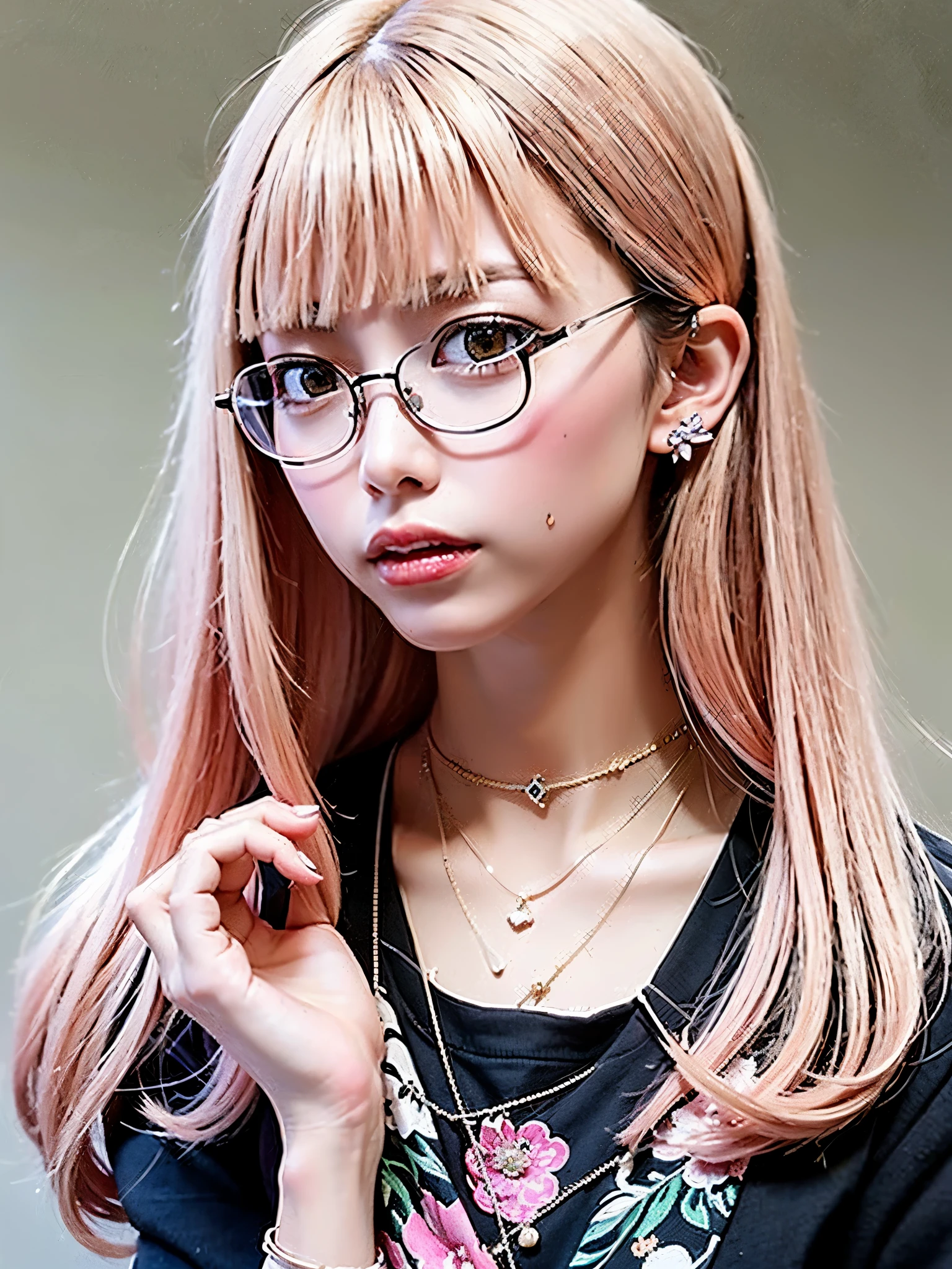 (masterpiece: 1.2, highest quality), (lit) 1 female, alone, short hair, big, (Glossy skin: 1.2), Upper body, Glasses, , wavy pink hair, pink Suspenders, show one&#39;s side, flowers bloom in my ears, harajuku style, hairpin, , Ahoge, student, neat, cute pose,