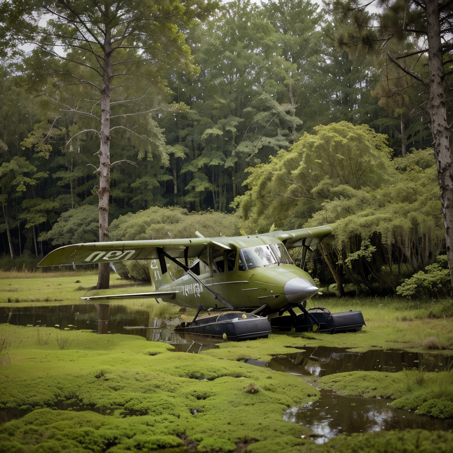 Airplane covered with thick Sphagnum moss. Flies over a swamp of fluffy green moss. Houses and trees can be seen in the swamp