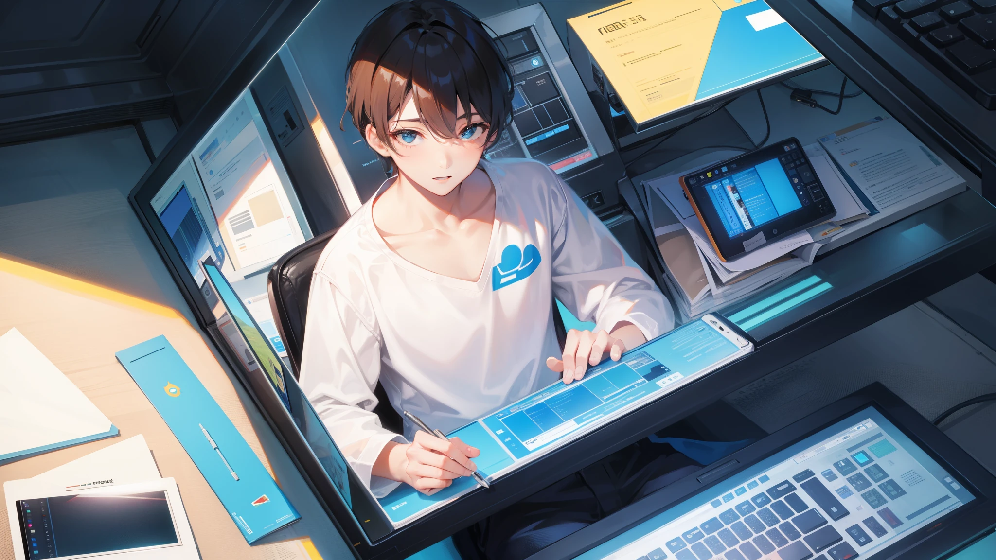 while using a computer、A beautiful boy who learns and cuts