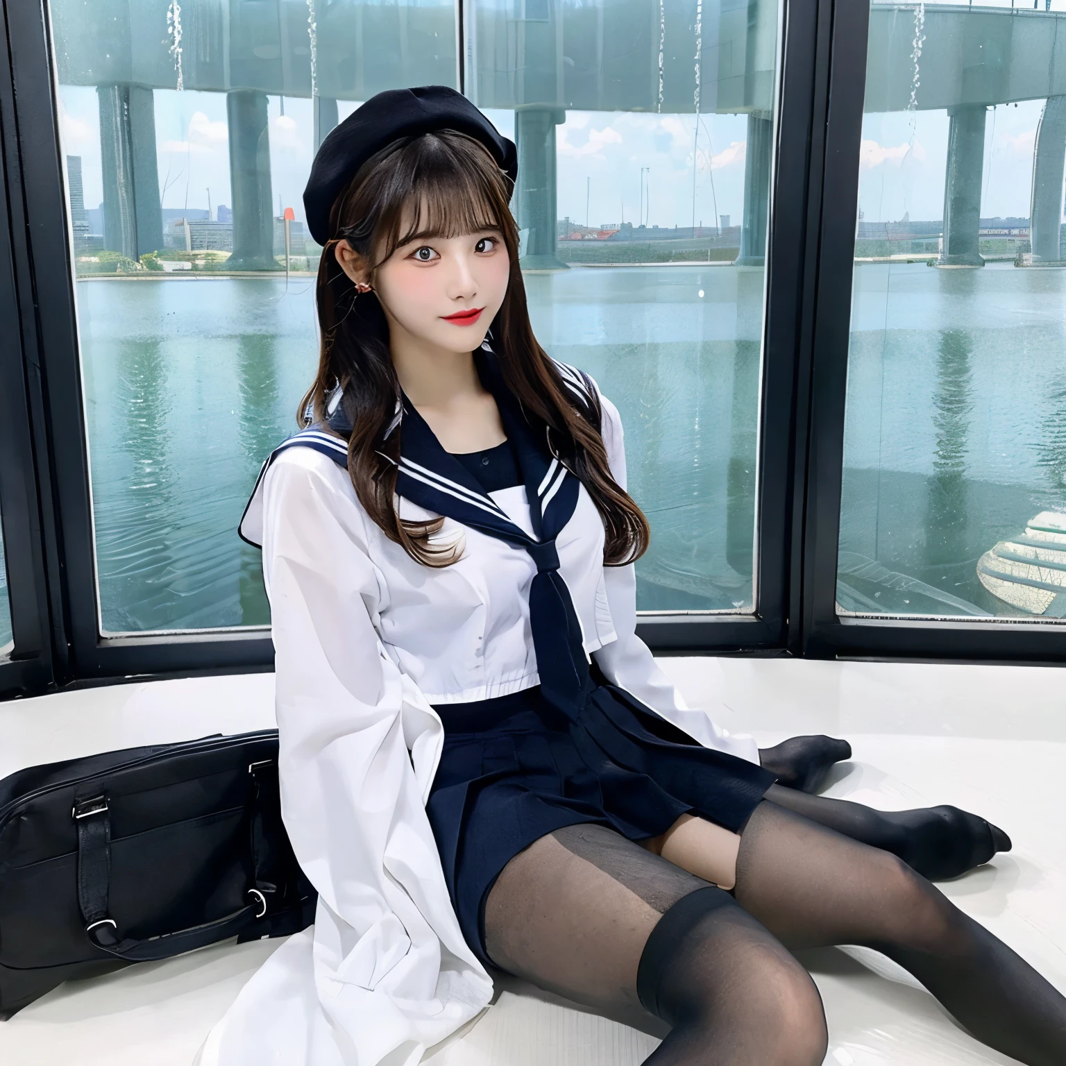 Having sex while wearing a sailor suit wearing black tights