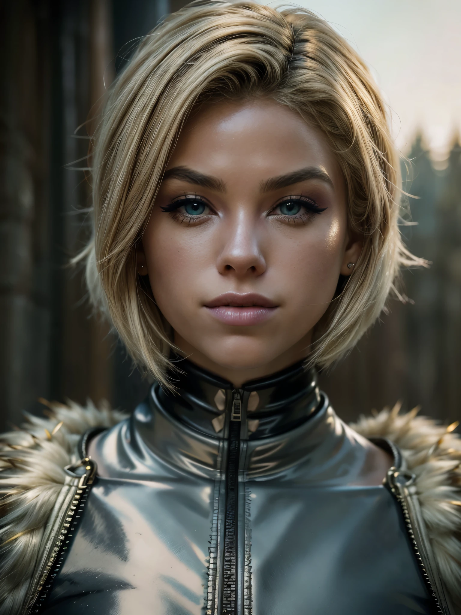 arafed woman, (makeup:1.4), beautiful smile, turtleneck latex outfit, zipper, highly detailed fur, natural skin texture, short blonde hair, 4k textures, Highly detailed perfect , Lightroom, Intricate, Ultra-Realistic, Out There, (HDR:1.3), UHD, (Intricate Detail, Hyper-Detailed:1.1), Cinematic, Photoreal, (Dark Shot:1.2), Dramatic, High Contrast, (Warm Color:1.1) , muted colors, master piece, elegant, sharp focus,