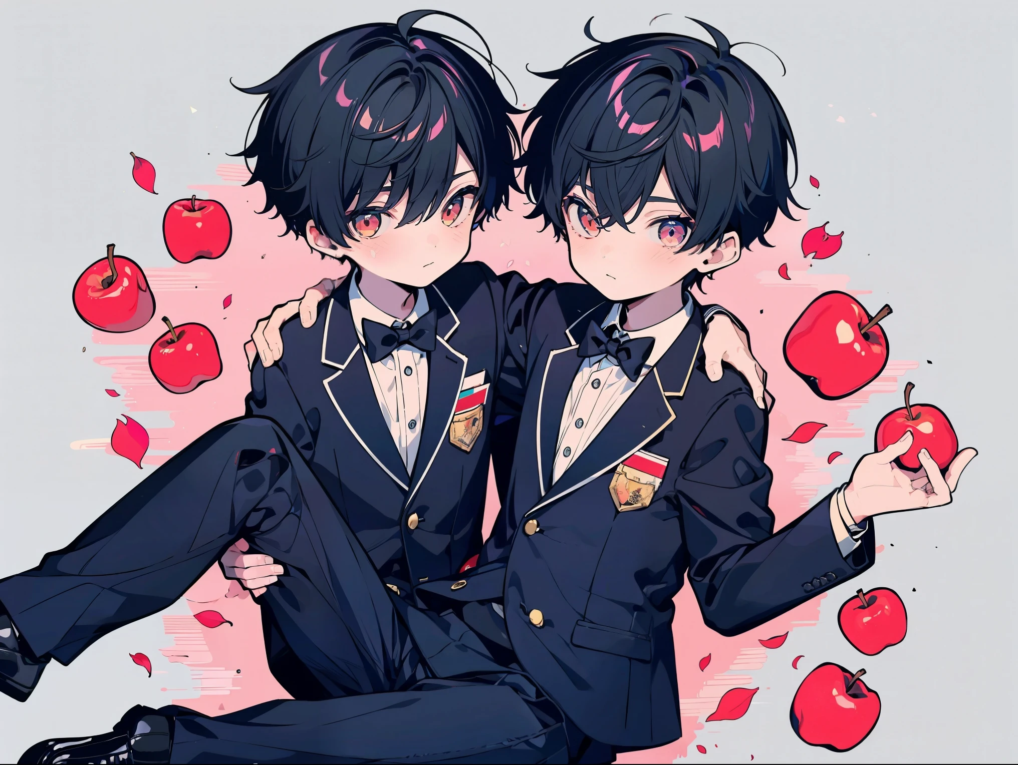 two boys without clothes, gay boy relationship, 10 year old boy,（full body photo） (upper body blazer),（lower body） cute, Under the school apple, world of apples（petals dance）