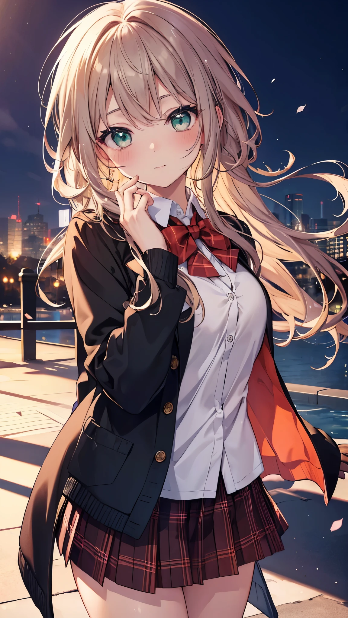 ((table top, highest quality, High resolution, nffsw, perfect pixel, Depth of bounds written, 4K, nffsw, nffsw))), 1 girl, single, alone, beautiful anime girl, beautiful art style, anime character, ((long hair, bangs, dark brown hair, curly hair:0.8)), ((green eyes:1.4, fine eyes, beautiful eyes, perfect eyes,curled eyelashes, realistic eyes)), ((detailed face, blush:1.2)), ((smooth texture:0.75, realistic texture:0.5, Anime CG style)), medium breasts, dynamic angle, Big breasts, perfect body, dynamic pose, ((red bow tie, school uniform, black jacket, open jacket, Brown cardigan, white shirt, black skirt, plaid skirt)), smile, open your mouth, turn your arms behind your back, leaning forward, Amulment Park, ((close, throw, cute, Shoot in the face))
