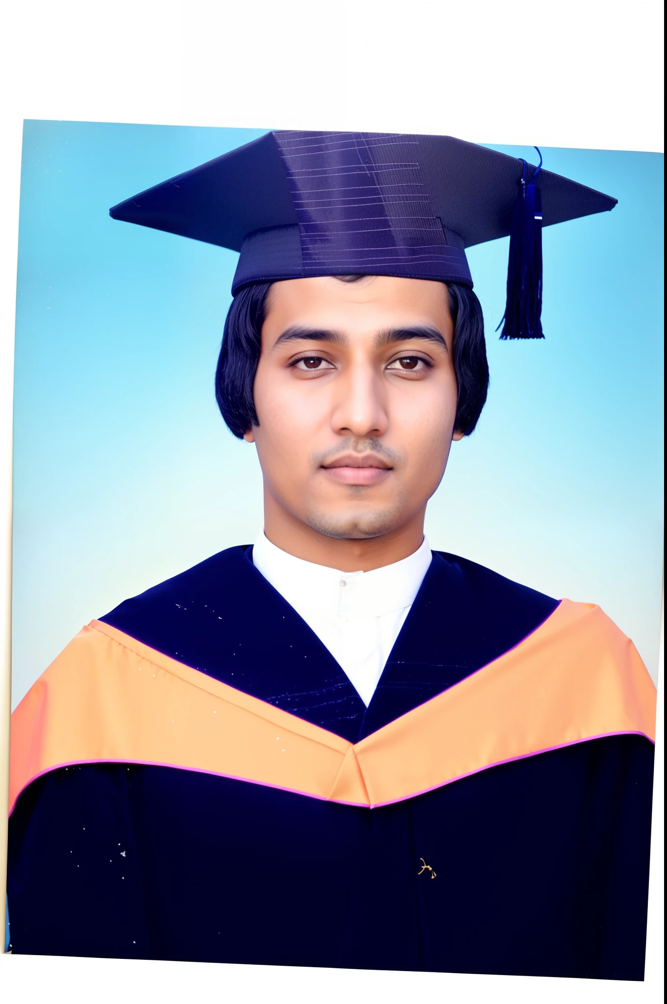 there is a picture of a man in a graduation gown, ash thorp khyzyl saleem, khyzyl saleem, graduation photo, profesional photo, post graduate, photo taken in 2 0 2 0, professional picture, wearing an academic gown, very very low quality picture, around 1 9 years old, mohamed chahin, discovered photo, old picture