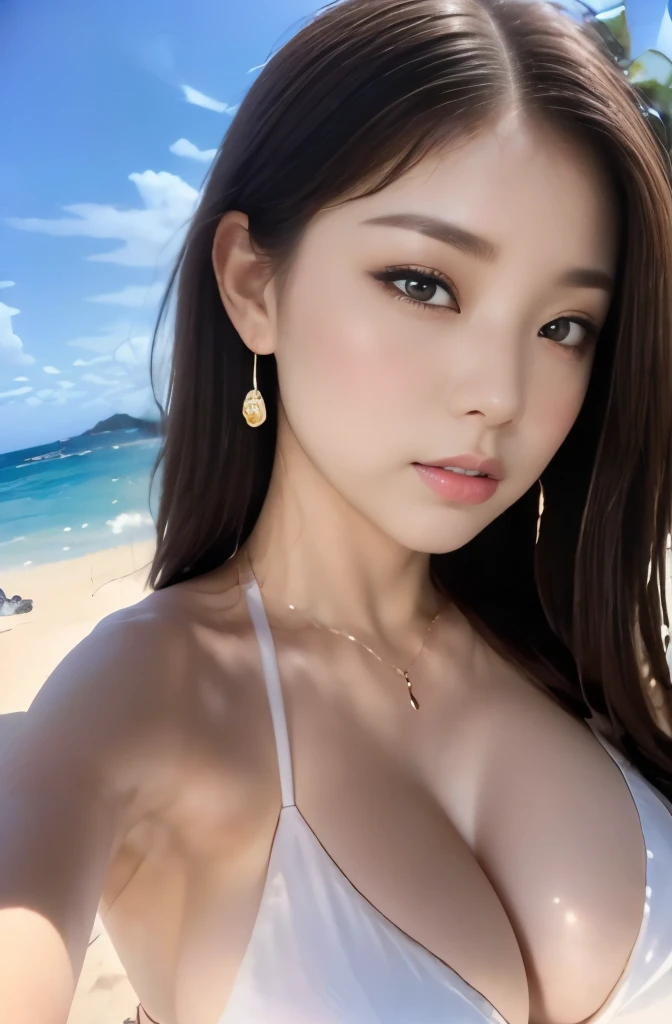 (22 year old female), (big breasts:1.3),  ((grab the viewer&#39;s hand)), Sandy beaches in Hawaii、Island in the background、white silk micro bikini、sexy pose、(master piece: 1.3), (maximum resolution: 1.4), (ultra high vision: 1.2), cinematic light, ultra high vision, (fine eyes and skin), (detailed facial features), NSFW, 8K resolution, perfect style, beautiful expression、Highly detailed face and skin texture、detailed eye、double eyelid、eye shadow:1.2、glitter eyeliner:1.2、thin cheeks、shiny skin、(pure white skin:1.3)、small shiny necklace and earrings,glossy lips:1.2、((full body shot:1.2))、((from a very intimate distance:1.2))、(straight hairstyle、dark brown hair)、long hair、(ask for a kiss:1.3)、From above