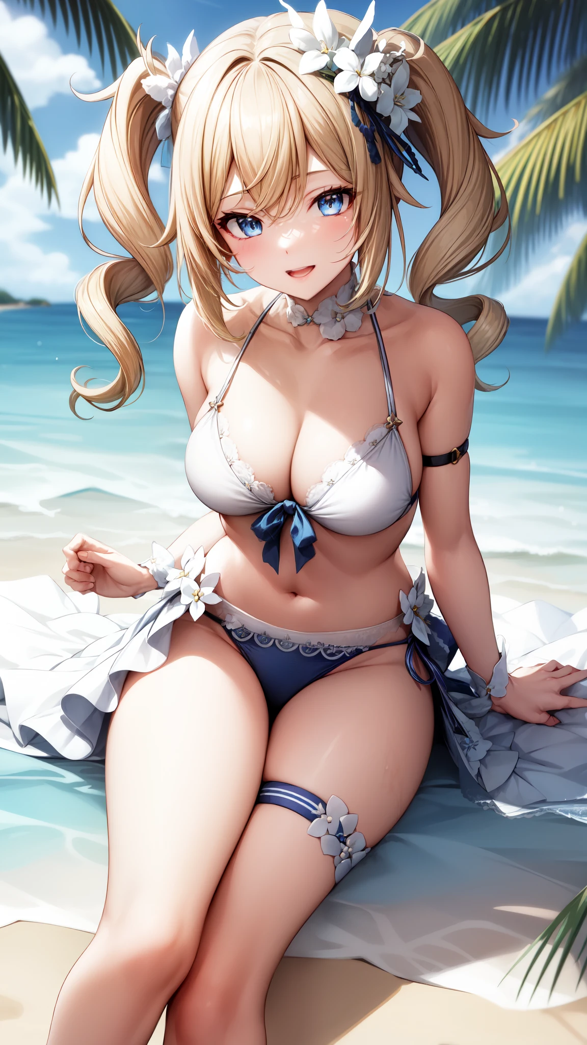 anime, beautiful face, highly detailed face, (2 accurate legs:1), blue detailed eyes, highly detailed beach background, perfect lighting, best body lighting, 1girl, solo, Barbara, genshin impact, outdoors, (beautiful blonde hair:1.2), absurdres, high res, ultrasharp, 8K, masterpiece, looking at viewer, affectionate smile, BREAK (detailed sexy beach bikini:1.2), (intricate all lace:1.2), (beautiful white heels:1.25)