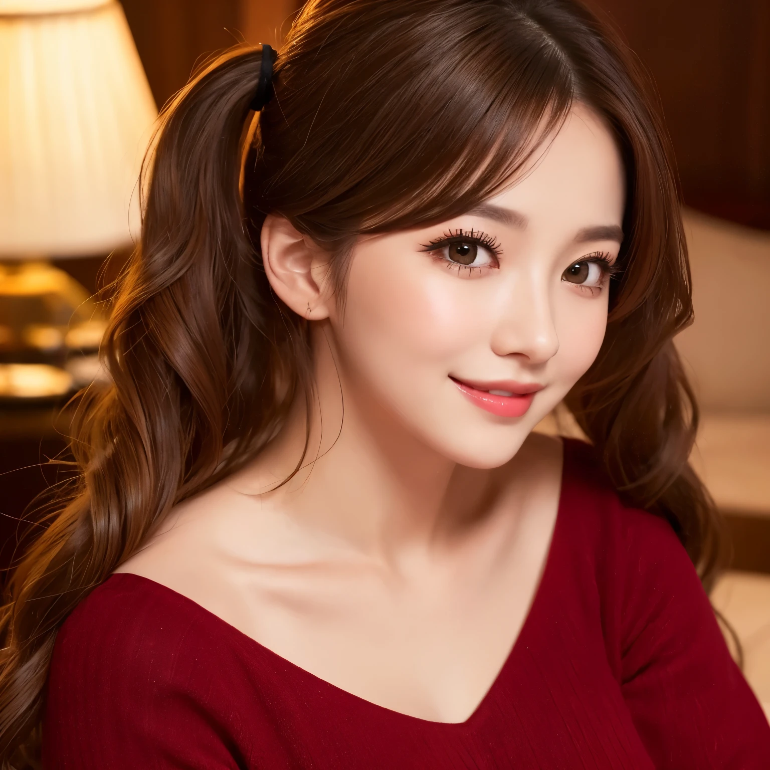 (highest quality、table top、8K、best image quality、Award-winning work)、(1 young girl, 15 years old:1.2)、(Perfect V-neck red long knit sweater:1.2)、red eyeshadow、perfect makeup、long eyelashes、Super high-definition sparkling eyes、ultra high definition hair、Ultra high definition glossy lips、Ultra high definition perfect teeth、Super high definition cute face、brown hair、(perfect side twin tails:1.3)、big breasts、cleavage、smile looking at me、accurate anatomy、(close up of face:1.1)、luxury love hotel、(The most moody warm lighting:1.2)、blurred background