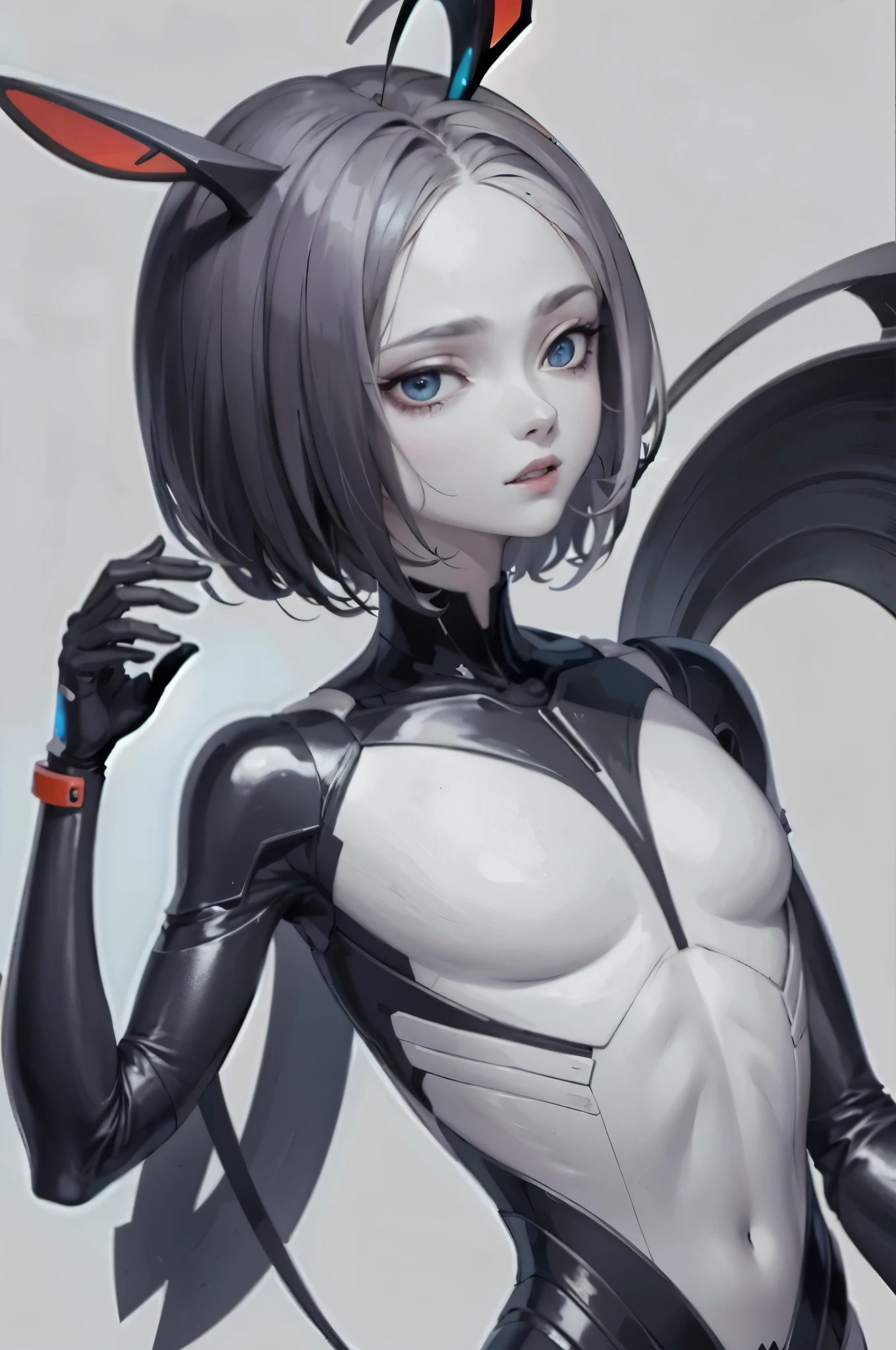 Male humanoid alien,There are short bug antennas on the head,Pele de cor branca,Design criativo do nariz,Mechanical man,melancholy eyes,cabelo curto detalhado,Desenho do projeto frontal do corpo inteiro