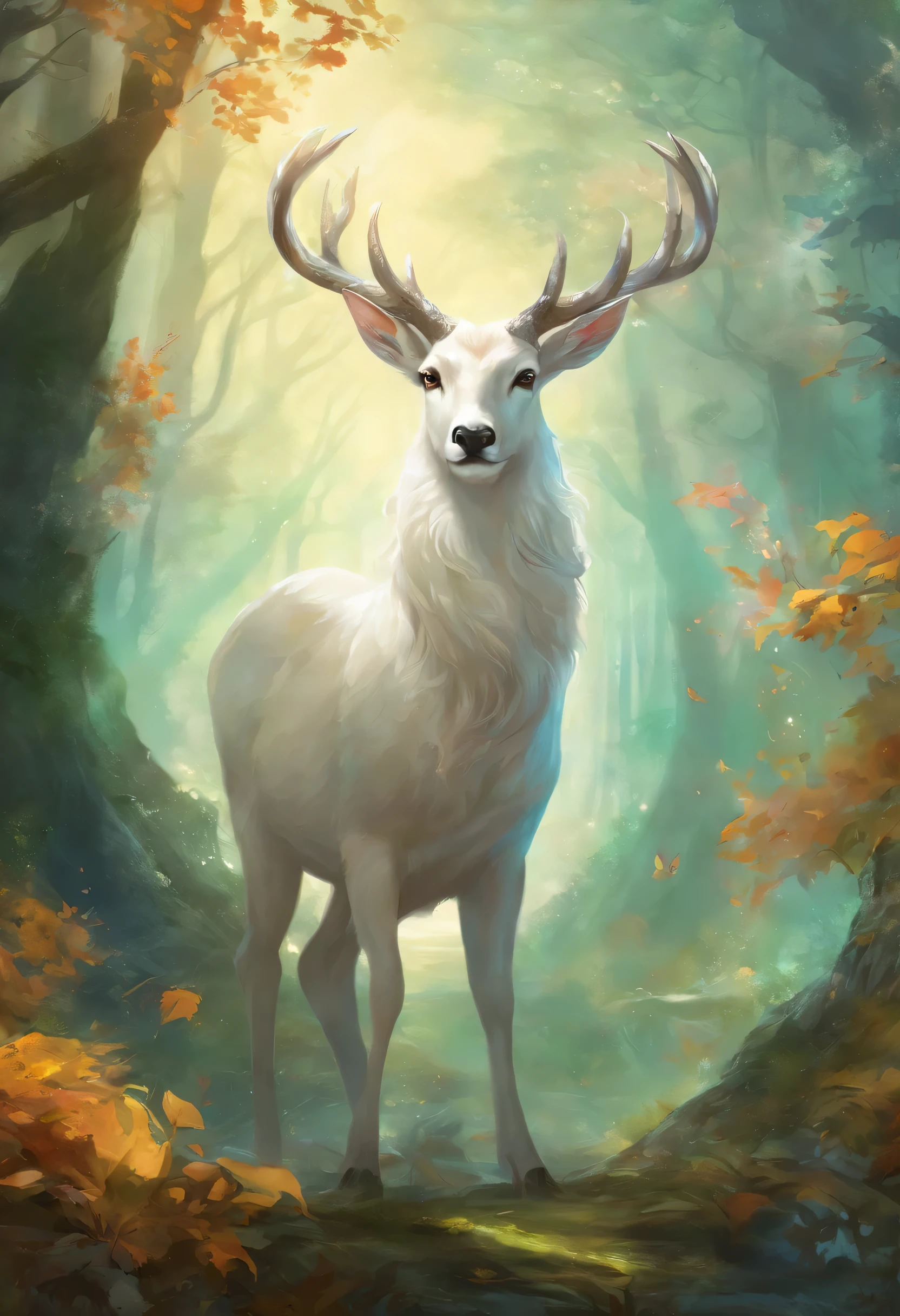a white buck with small horns and the horns are adorned with large leaves and vines in a enchanted forest background