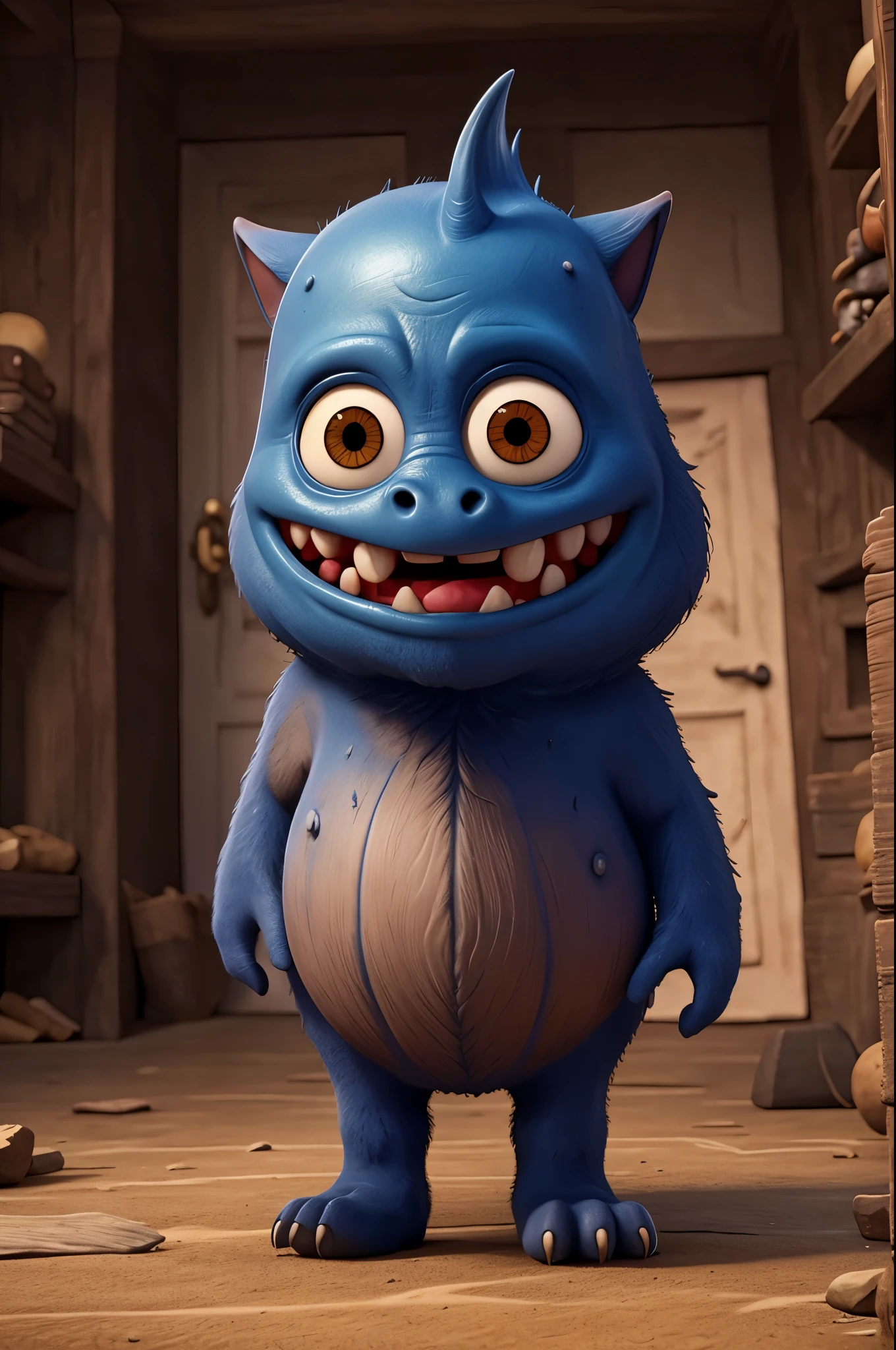 A blue monster with a red mouth with sharp teeth, the monster is very tall with yellow hands and feet with a light blue bow on its belly and it has no neck.