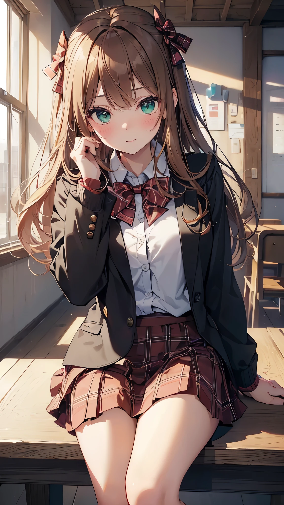 ((table top, highest quality, High resolution, nffsw, perfect pixel, Depth of bounds written, 4K, nffsw, nffsw))), 1 girl, single, alone, beautiful anime girl, beautiful art style, anime character, ((long hair, bangs, dark brown hair, curly hair:0.8)), ((green eyes:1.4, fine eyes, beautiful eyes, perfect eyes,curled eyelashes, realistic eyes)), ((detailed face, blush:1.2)), ((smooth texture:0.75, realistic texture:0.5, Anime CG style)), medium breasts, dynamic angle, Big breasts, perfect body, dynamic pose, ((red bow tie, school uniform, black jacket, open jacket, Brown cardigan, white shirt, black skirt, plaid skirt)), smile, open your mouth, turn your arms behind your back, leaning forward, Amulment Park, ((close, throw, cute, Shoot in the face))