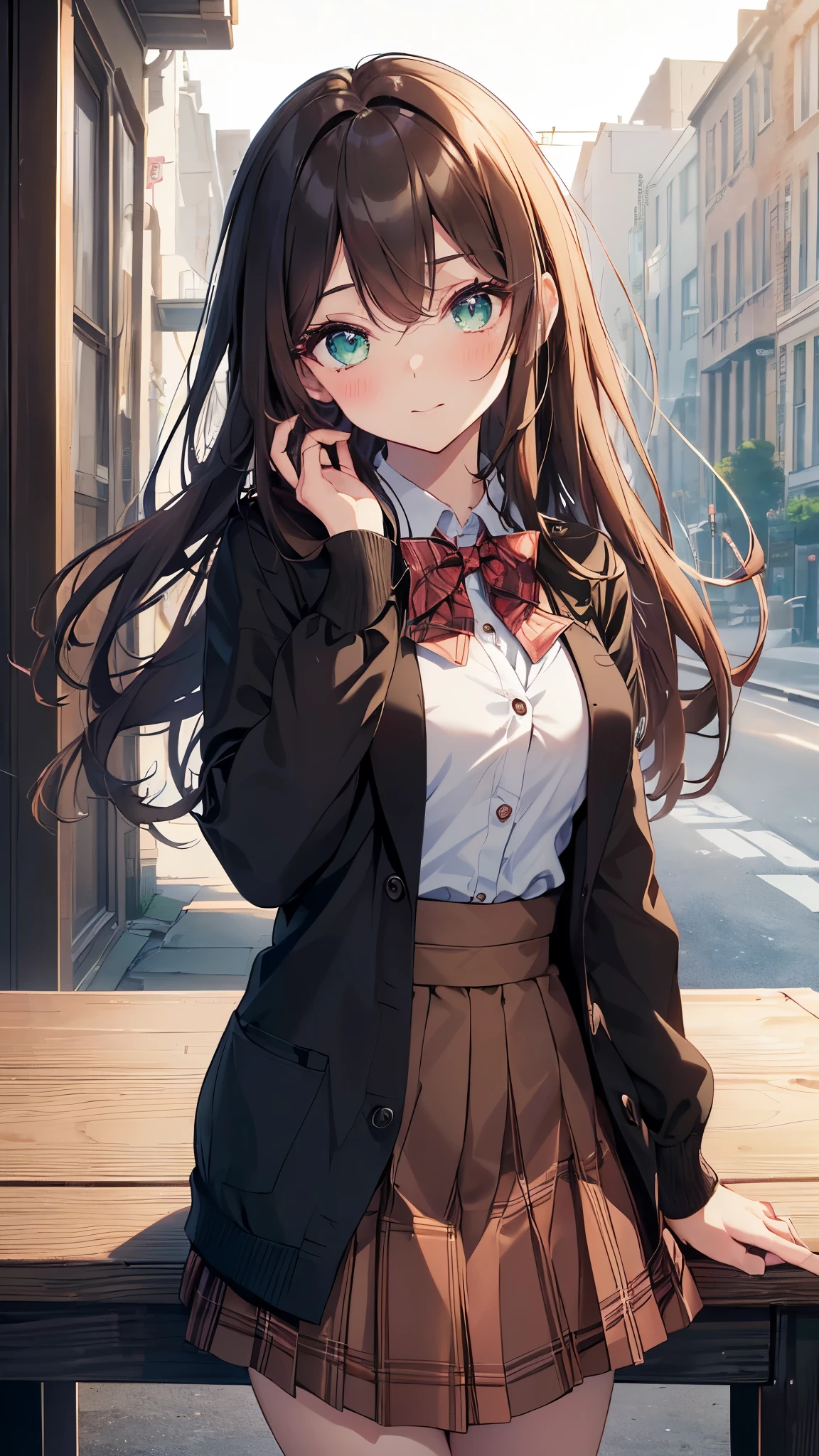 ((table top, highest quality, High resolution, nffsw, perfect pixel, Depth of bounds written, 4K, nffsw, nffsw))), 1 girl, single, alone, beautiful anime girl, beautiful art style, anime character, ((long hair, bangs, dark brown hair, curly hair:0.8)), ((green eyes:1.4, fine eyes, beautiful eyes, perfect eyes,curled eyelashes, realistic eyes)), ((detailed face, blush:1.2)), ((smooth texture:0.75, realistic texture:0.5, Anime CG style)), medium breasts, dynamic angle, Big breasts, perfect body, dynamic pose, ((red bow tie, school uniform, black jacket, open jacket, Brown cardigan, white shirt, black skirt, plaid skirt)), smile, open your mouth, turn your arms behind your back, leaning forward, Amulment Park, ((close, throw, cute, Shoot in the face))