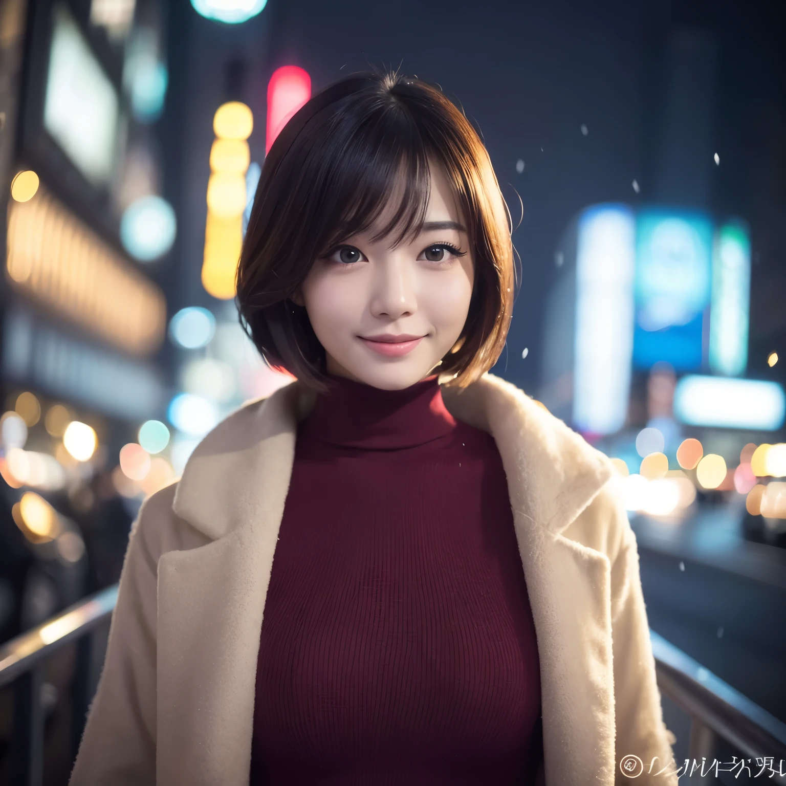 (highest quality、table top、8K、best image quality、Award-winning work、Ultra high definition)、1 girl、red turtleneck knit、classy fur coat、(very short bob:1.1)、epic movie lighting、very moody and romantic lighting、It's snowing、Shinjuku at night、Glittering night view、blurry night view、perfect anatomy、slender body, smile looking at me、perfect makeup、long eyelashes、Ultra high definitionの煌めく瞳、Ultra high definitionの髪の毛、Ultra high definitionの艶のある唇、Ultra high definitionの可愛い顔、blurred background、Premonition of romantic love、close up of face、(smile looking at me:1.1)