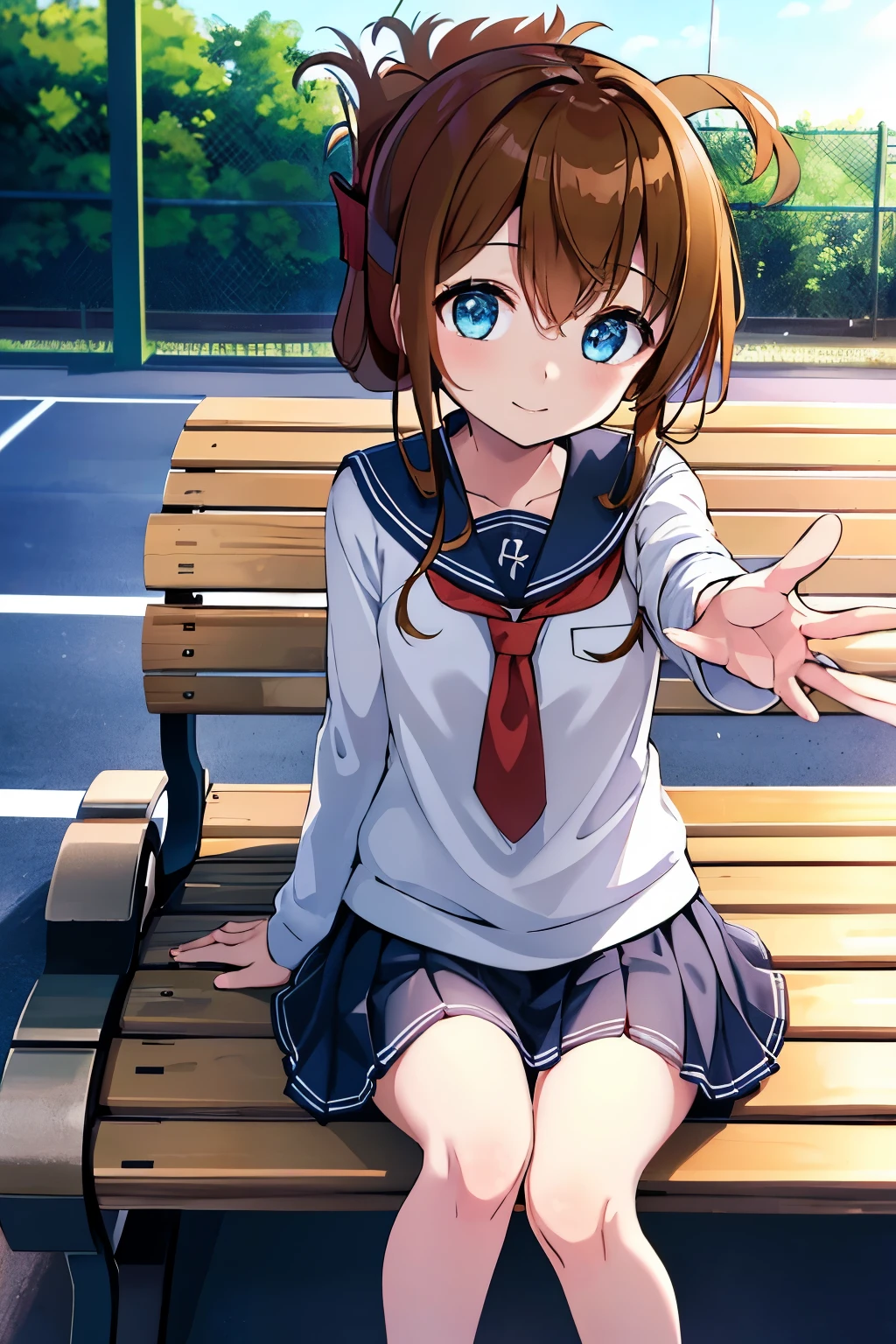 table top, highest quality, 8K_wallpaper, (beautiful eyes), ((cute)), cute, (Lovely), (晴れた日のTennis court),1 girl,,1 ,Standing next to the car,smile,close up of face、Portrait(((Tennis court)))(((tennis wear)))(((Sit on a bench and relax))),(masterpiece, best quality:1.2),illustration,8k,hd,1girl,solo,upper body,(portrait:1.2),brown_hair,folded_ponytail,brown_eyes,serafuku,long_hair,school_uniform,skirt,pleated_skirt,