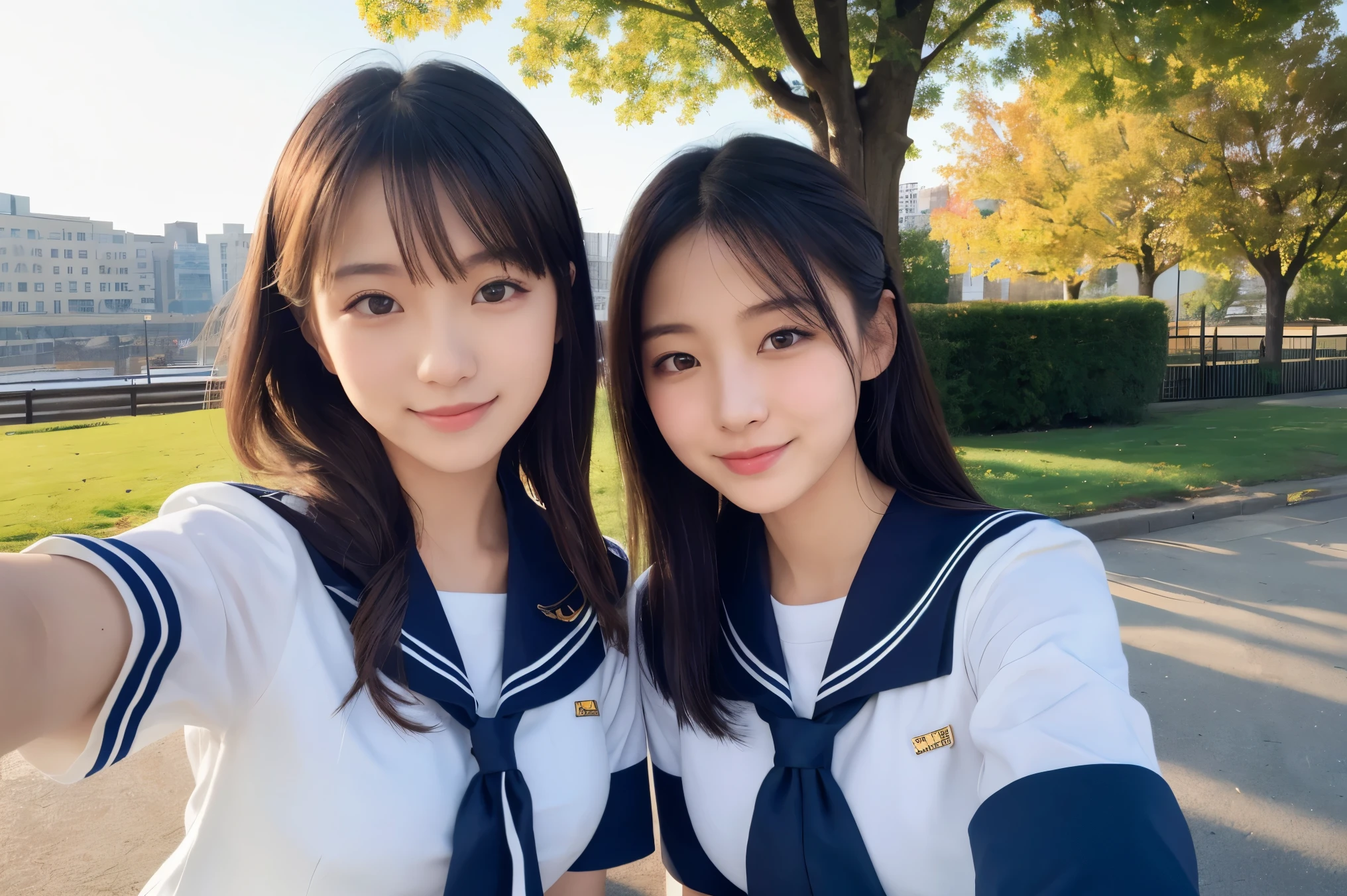 (8K, highest quality, masterpiece:1.2), (realistic, photo-realistic:1.37), ultra-be familiar with, japanese idol girl, cute lively teen girl, 2girls (pair shot:1.4), (selfy photo:1.4) , daytime, be familiar with, park bench, The two of us are sitting happily together.,,(little smile), (closed mouth), (large breasts), He wears a white sailor uniform with a ribbon tie., beautiful be familiar with long hair, blow soft wind, floating hair spring warm clear day, blue sky looking at viewers