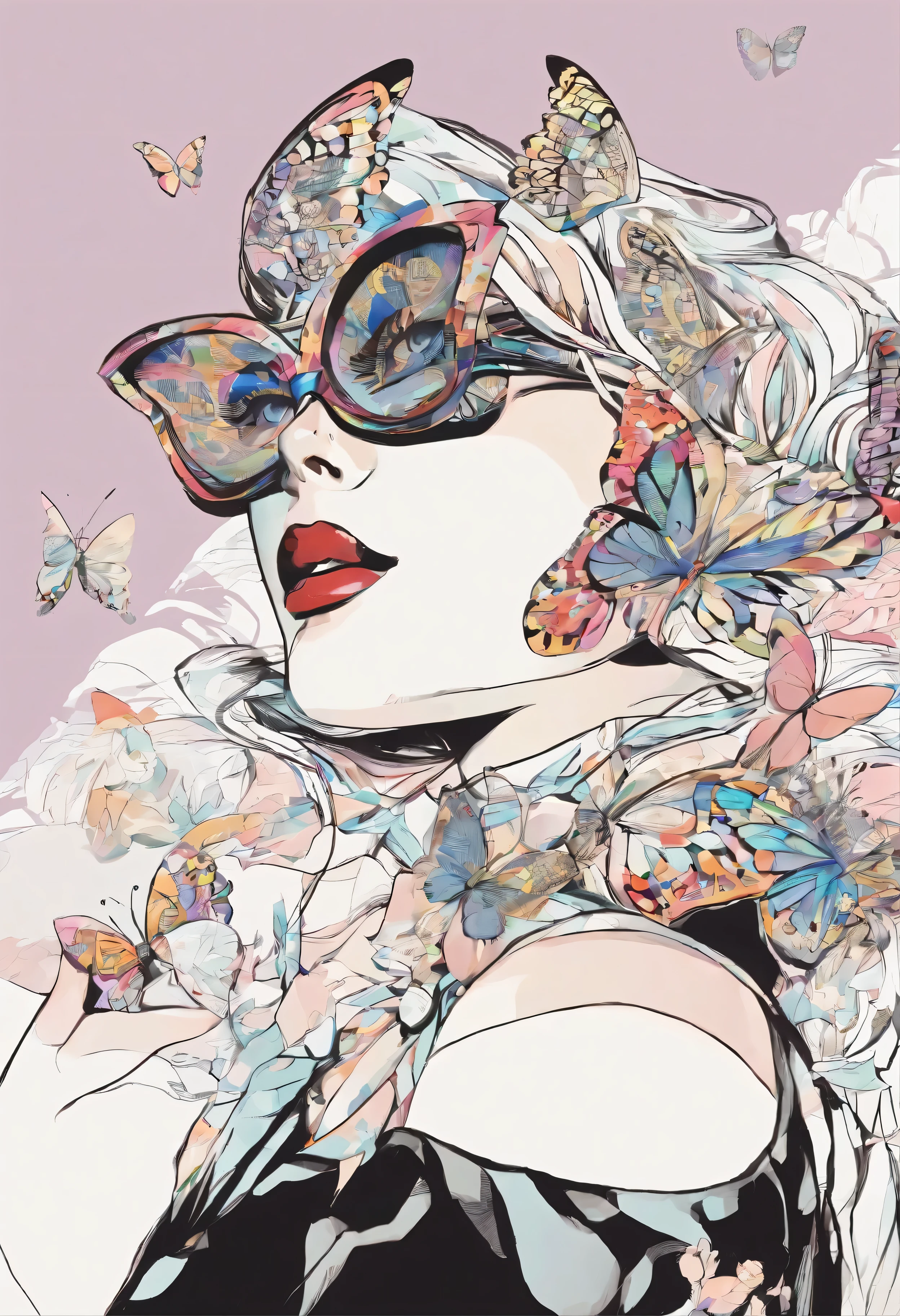 "hand drawn" art of a young woman's face. logo. has butterfly wings for eyes. Scarf around the neck. no torso. zoomed on the face. butterfly on the nose. butterfly wings covering eyes. butterfly wings as goggles