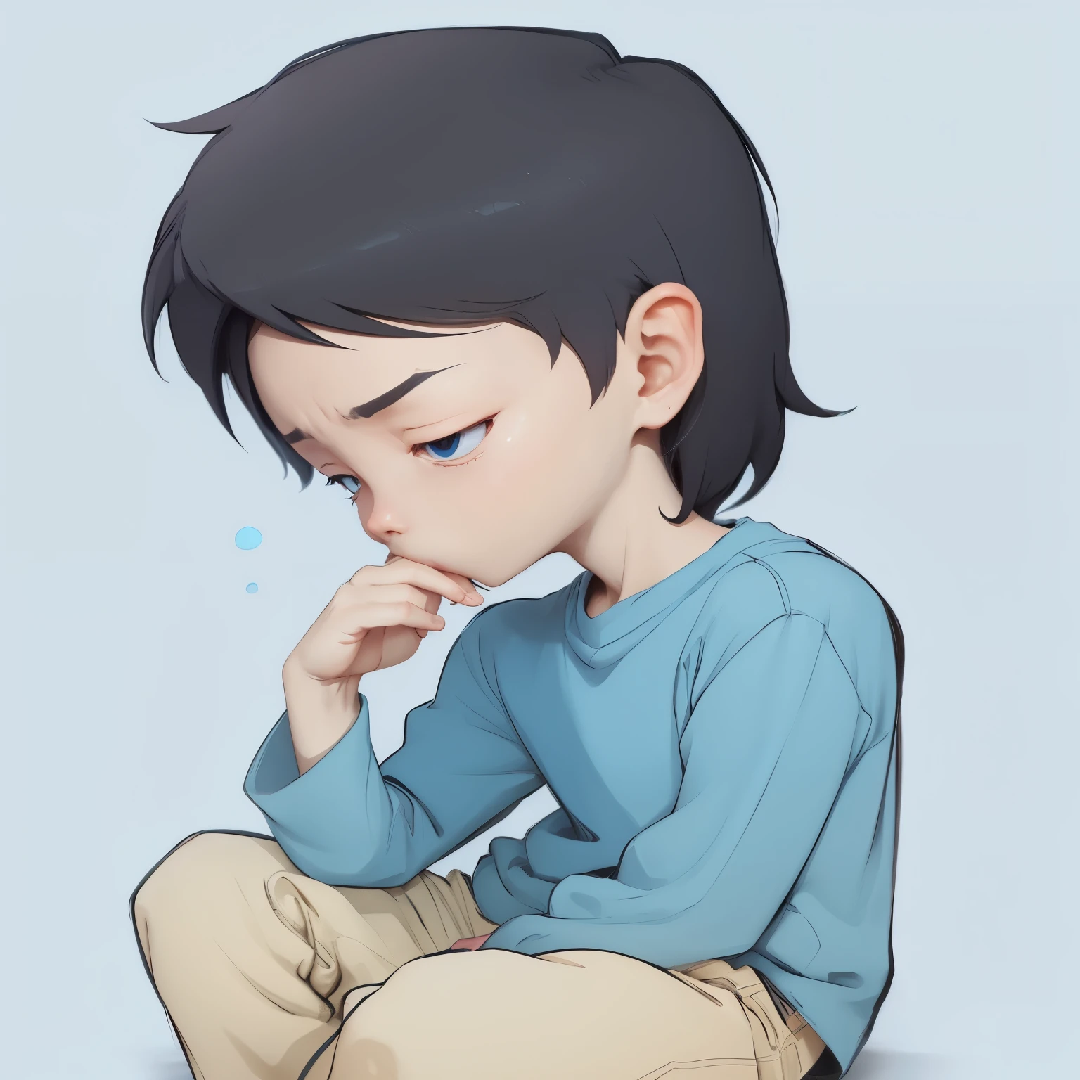 A person sits on the ground,Close-up of hands on chin, Inspired by Goro Fujita, Loish e Goro Fujita, guweiz style artwork, Xin Haicheng. digital rendering, Detailed fanart, with sad expression, High quality fan art, Pouting, Fan painting”, Xin Haicheng art style