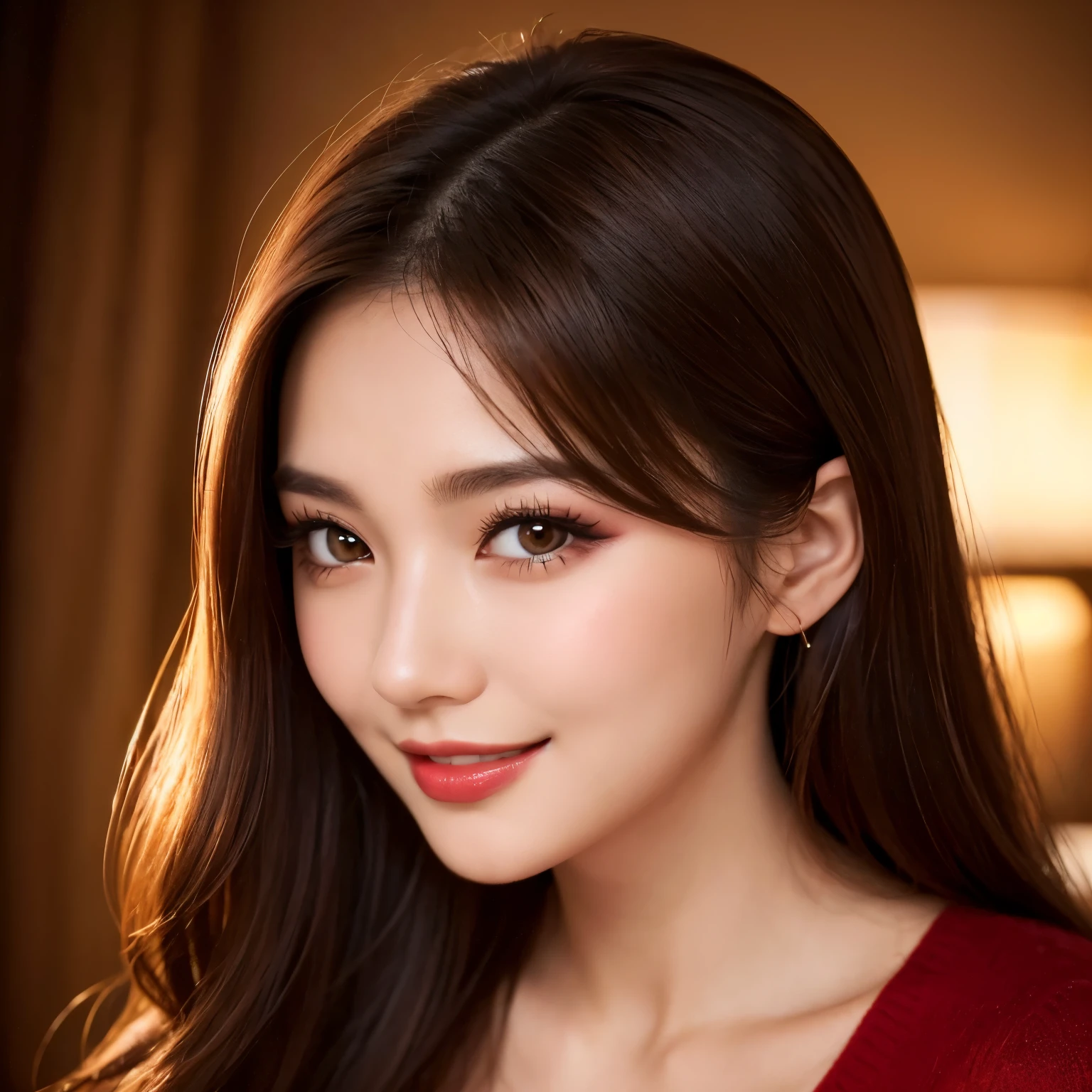 (highest quality、table top、8K、best image quality、Award-winning work)、(1 italian girl:1.3)、(茶色い瞳と明るいbrown hairのイタリア人:1.1)、(Perfect V-neck red long knit sweater:1.3)、cleavage、(red eyeshadow:1.2)、perfect makeup、long eyelashes、Super high-definition sparkling eyes、ultra high definition hair、ultra high resolution glossy lips、Super high resolution perfect teeth、Super high resolution cute face、Super high resolution perfect teeth、brown hair、(elegant wavy hair:1.1)、look at me and smile、(accurate anatomy:1.1)、(close up of face:1.5)、Luxury love hotel、(The most moody warm lighting:1.2)、blurred background