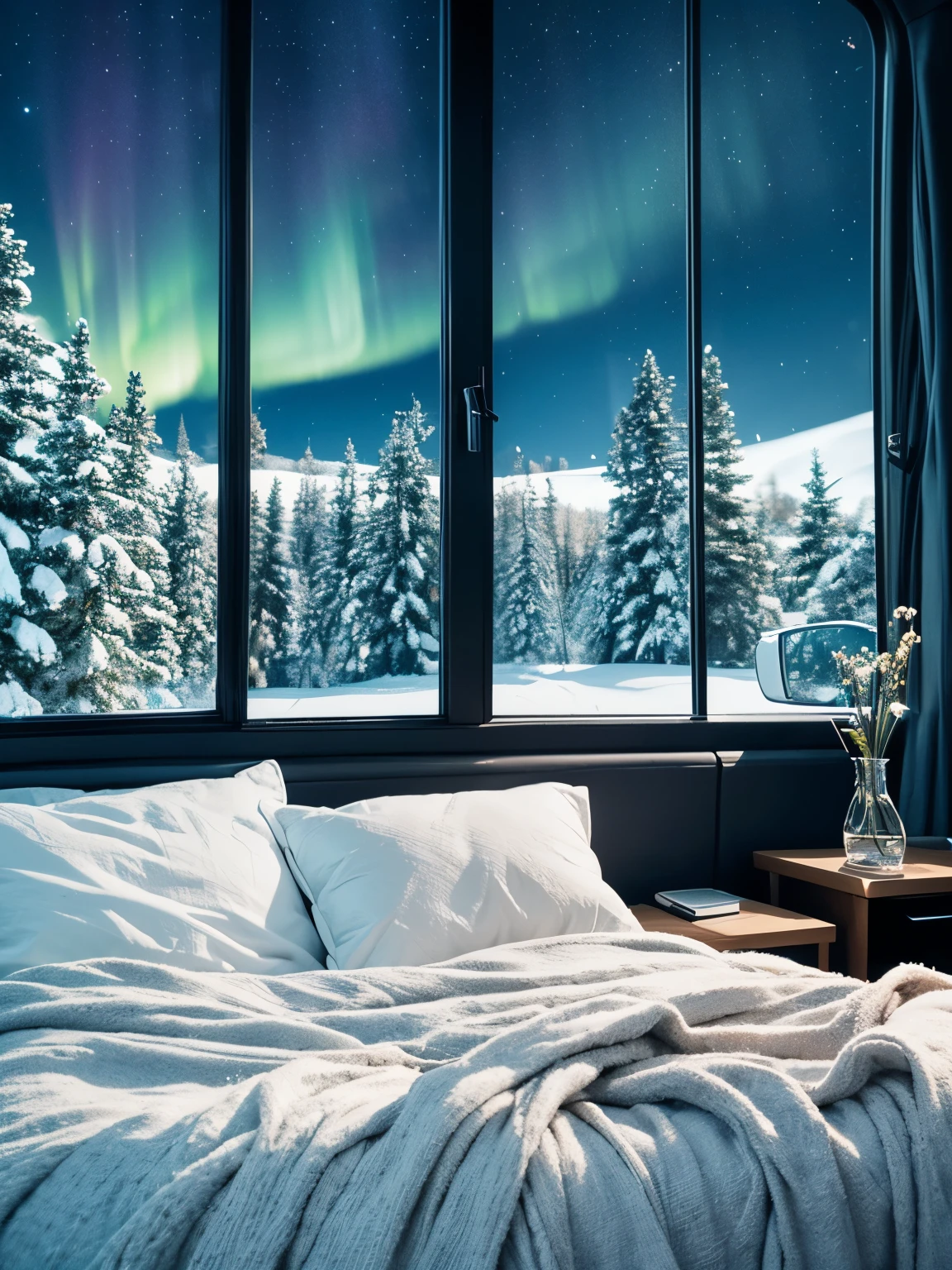 Background, a bedroom, with a window showing a snowy landscape, northern lights.