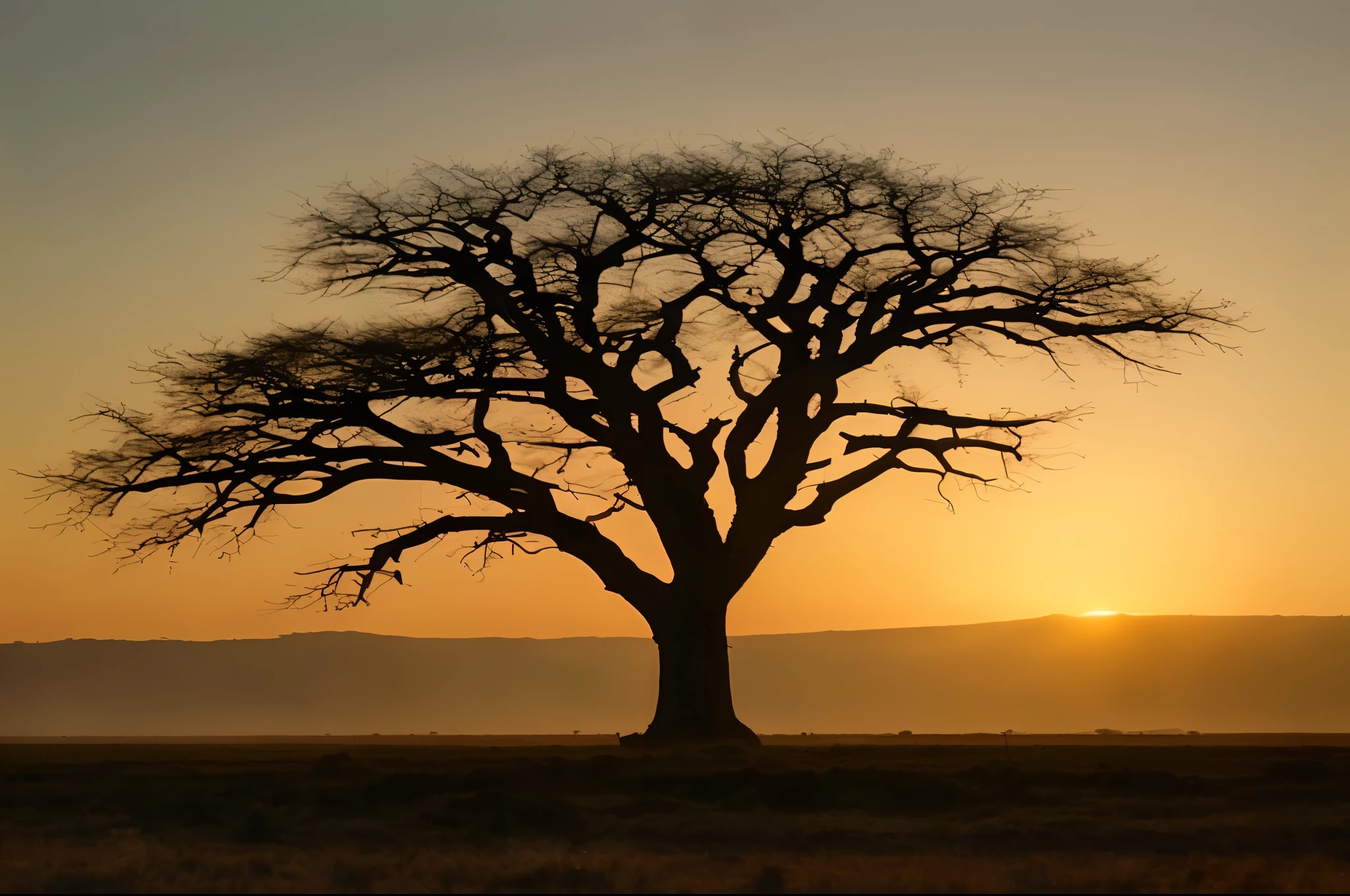 Araffes silhouetted tree in the distance with a sunset in the ...