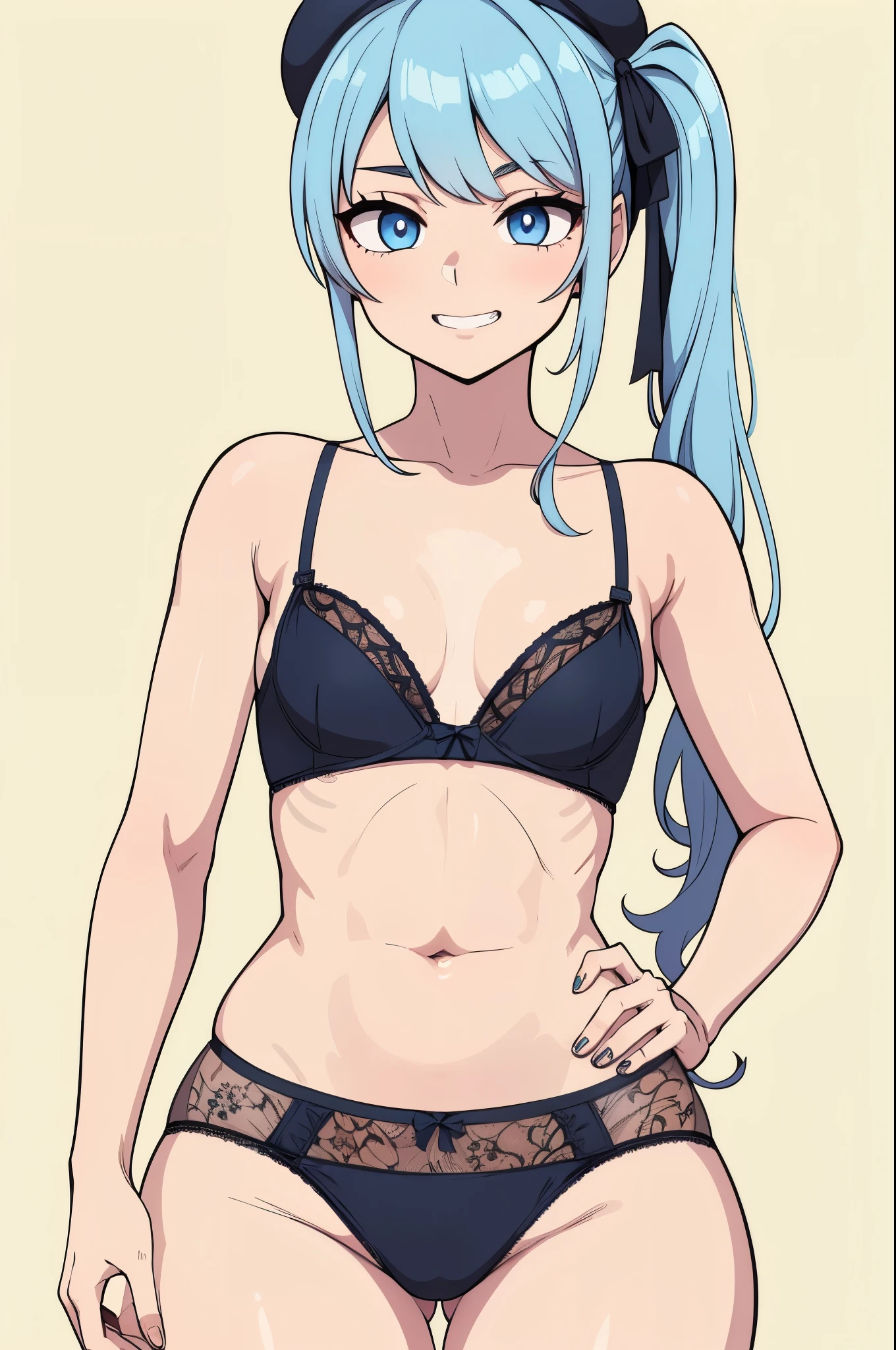 masterpiece, best quality, ultra-detailed, illustration, colorful, flat color, depth of field, 1girl, hoshimachi suisei, 1girl, blue eyes, beret, side ponytail, blue hair, anime, (closeup), simple background, detailed skin texture, beautiful detailed face, whtie teeth, seductive grin, looking at viewer, alluring attire, collarbone, (small breasts, flat chest, slender, midriff, lace bra, lace panties, navel), shortstack, shortstackBT