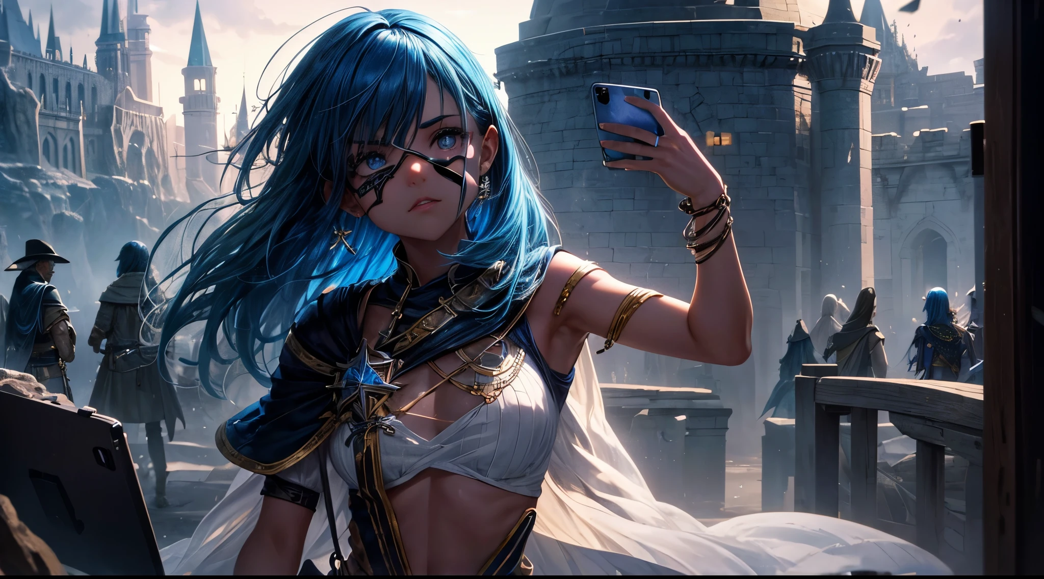 (disorganized, High resolution, ultra be familiar with), youth, tanned skin. right eye patch, blue hair, dramatic lighting, be familiar with, masterpiece, stand in front of the castle,Girl with Phone,fantasy,The Lord of the Rings,