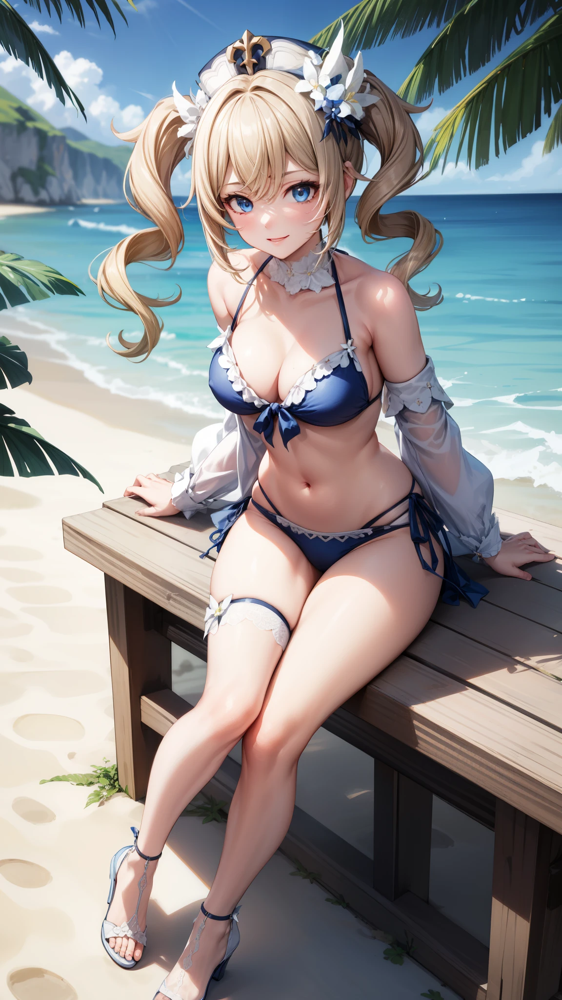 anime, beautiful face, highly detailed face, (2 accurate legs:1), blue detailed eyes, highly detailed beach background, perfect lighting, best body lighting, 1girl, solo, Barbara, genshin impact, outdoors, (beautiful blonde hair:1.2), absurdres, high res, ultrasharp, 8K, masterpiece, looking at viewer, affectionate smile, BREAK (detailed sexy beach bikini:1.2), (intricate all lace:1.2), (beautiful white heels:1.25)