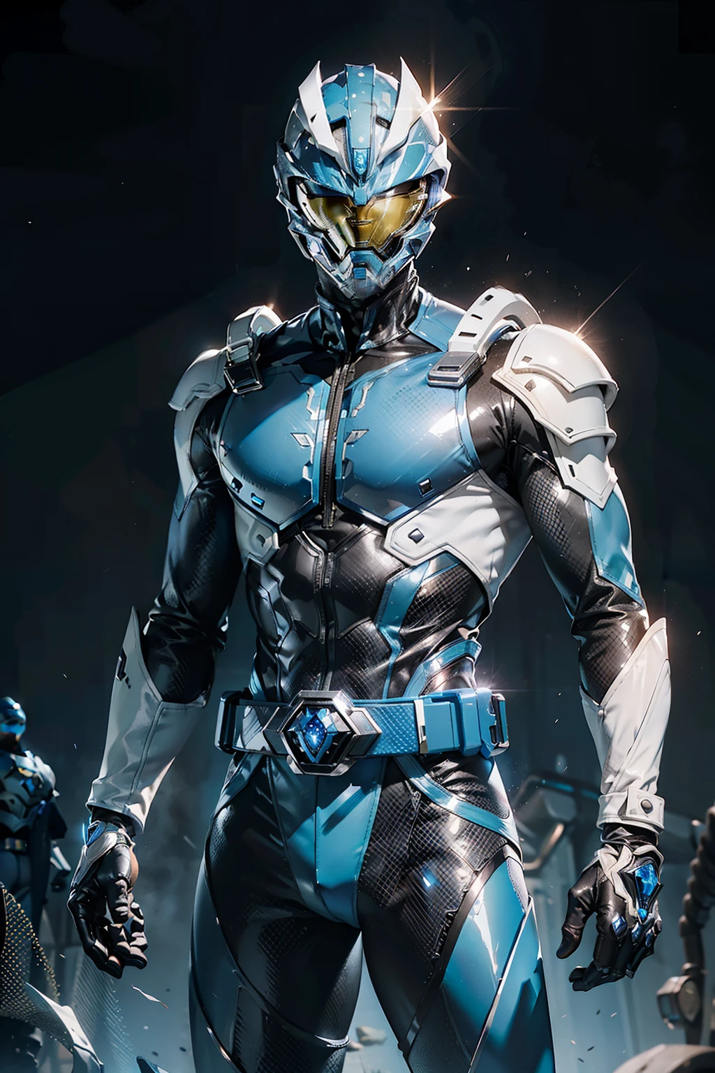 ((power ranger)), Blue Ranger, plein air, 城市, One young man, Blue costume, Solo, ((slim figure)), (Anatomically correct), Cowboy Shot, Masked face, (Blue Complex Cybersuit), (Intricately designed hero suit), Blue Sleeve, Suits with complex lines, Thin cybersuit with a tight body, long leather gloves up to the white elbows,,, Arm cover made of hard material, White Leather Boots, Wearing a full-face helmet, (a belt), (Large metal buckle), (full body suits), (Full face helmet with no exposed face), Crystal embedded in helmet, (Very shiny cybersuit), Cyber suit made of silk, A cybersuit that adheres to the body