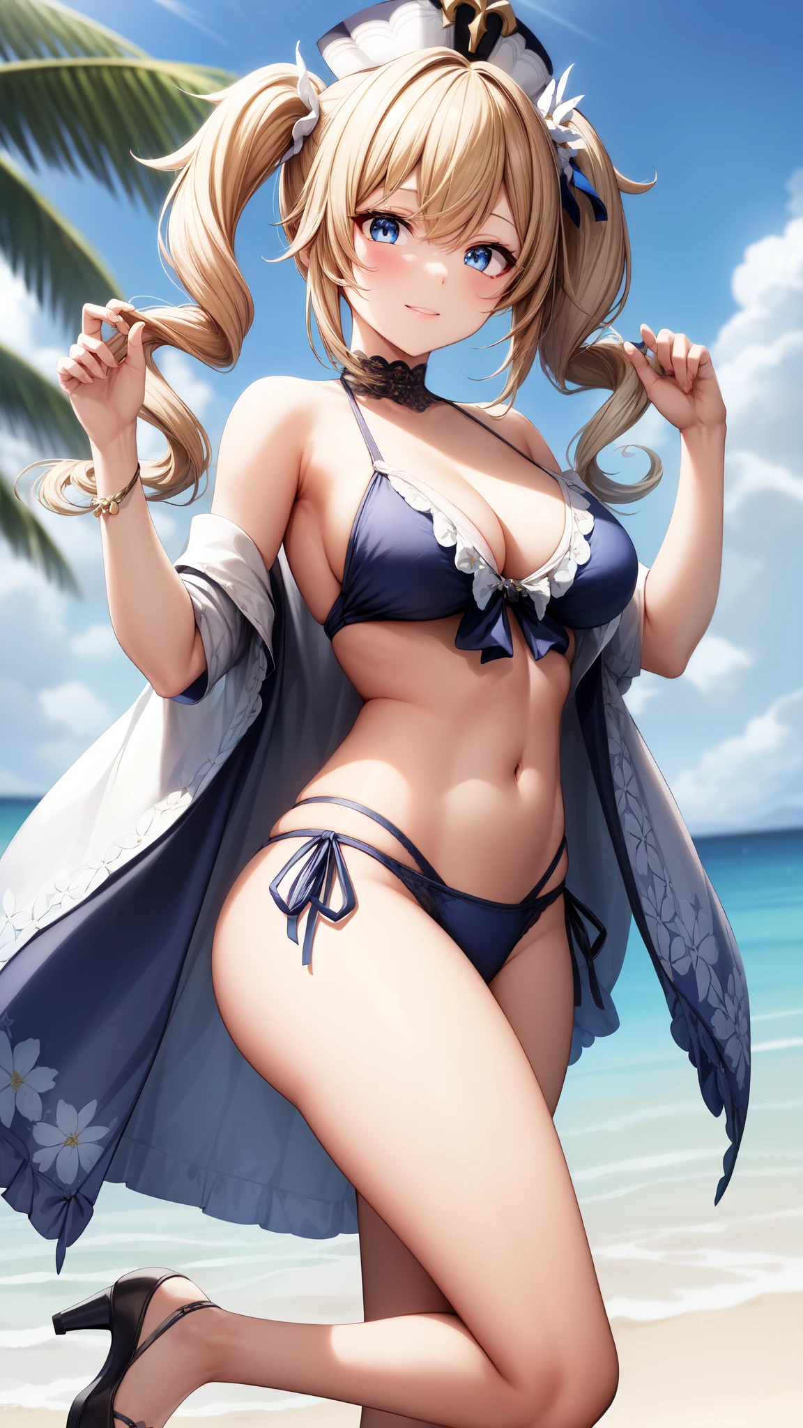 anime, beautiful face, highly detailed face, (2 accurate legs:1), blue detailed eyes, highly detailed beach background, perfect lighting, best body lighting, 1girl, solo, Barbara, genshin impact, outdoors, (beautiful blonde hair:1.2), absurdres, high res, ultrasharp, 8K, masterpiece, looking at viewer, affectionate smile, BREAK (detailed sexy beach bikini:1.2), (intricate all lace:1.2), (beautiful white heels:1.25)