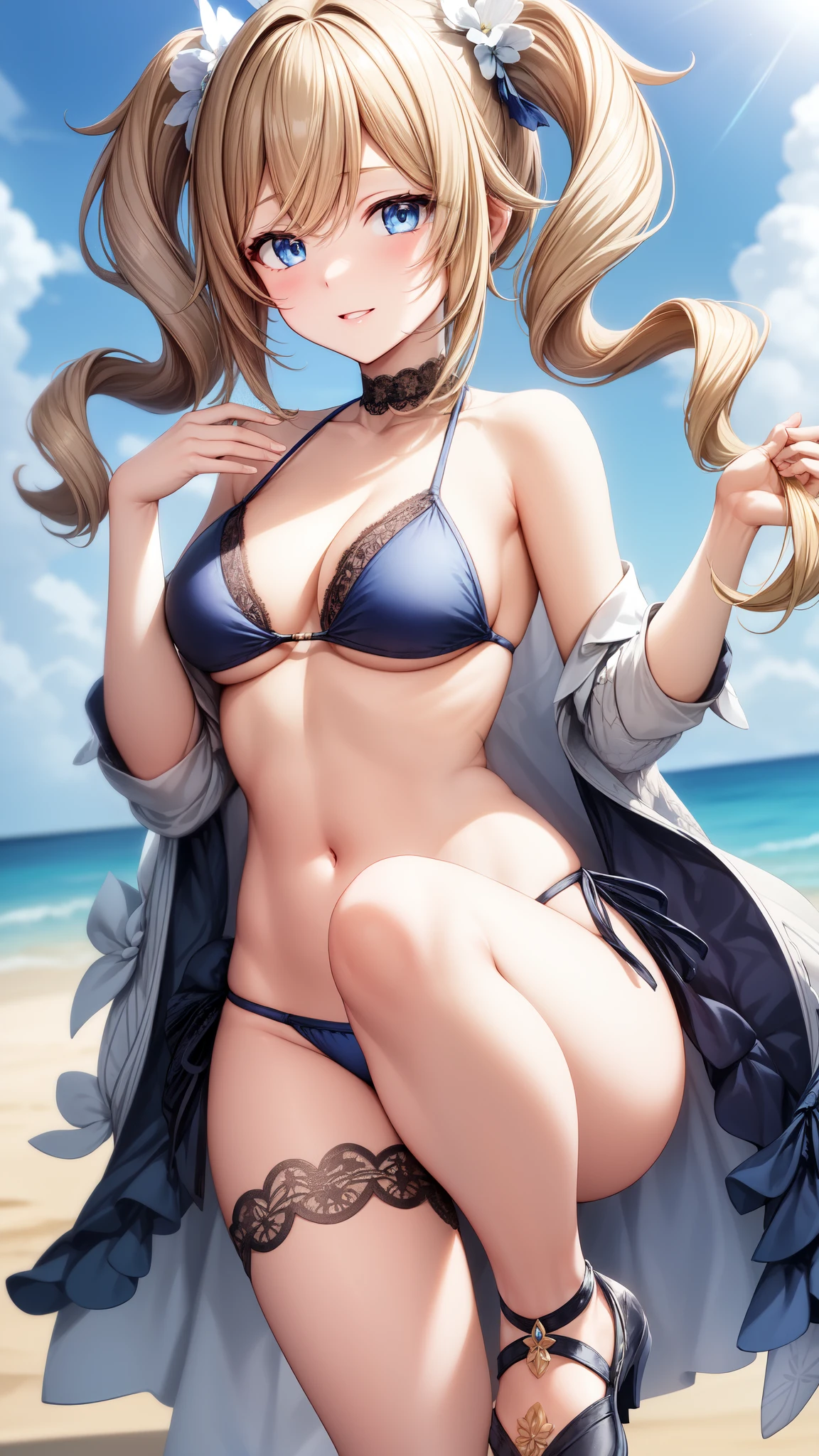 anime, beautiful face, highly detailed face, (2 accurate legs:1), blue detailed eyes, highly detailed beach background, perfect lighting, best body lighting, 1girl, solo, Barbara, genshin impact, outdoors, (beautiful blonde hair:1.2), absurdres, high res, ultrasharp, 8K, masterpiece, looking at viewer, affectionate smile, BREAK (detailed sexy beach bikini:1.2), (intricate all lace:1.2), (beautiful white heels:1.25)