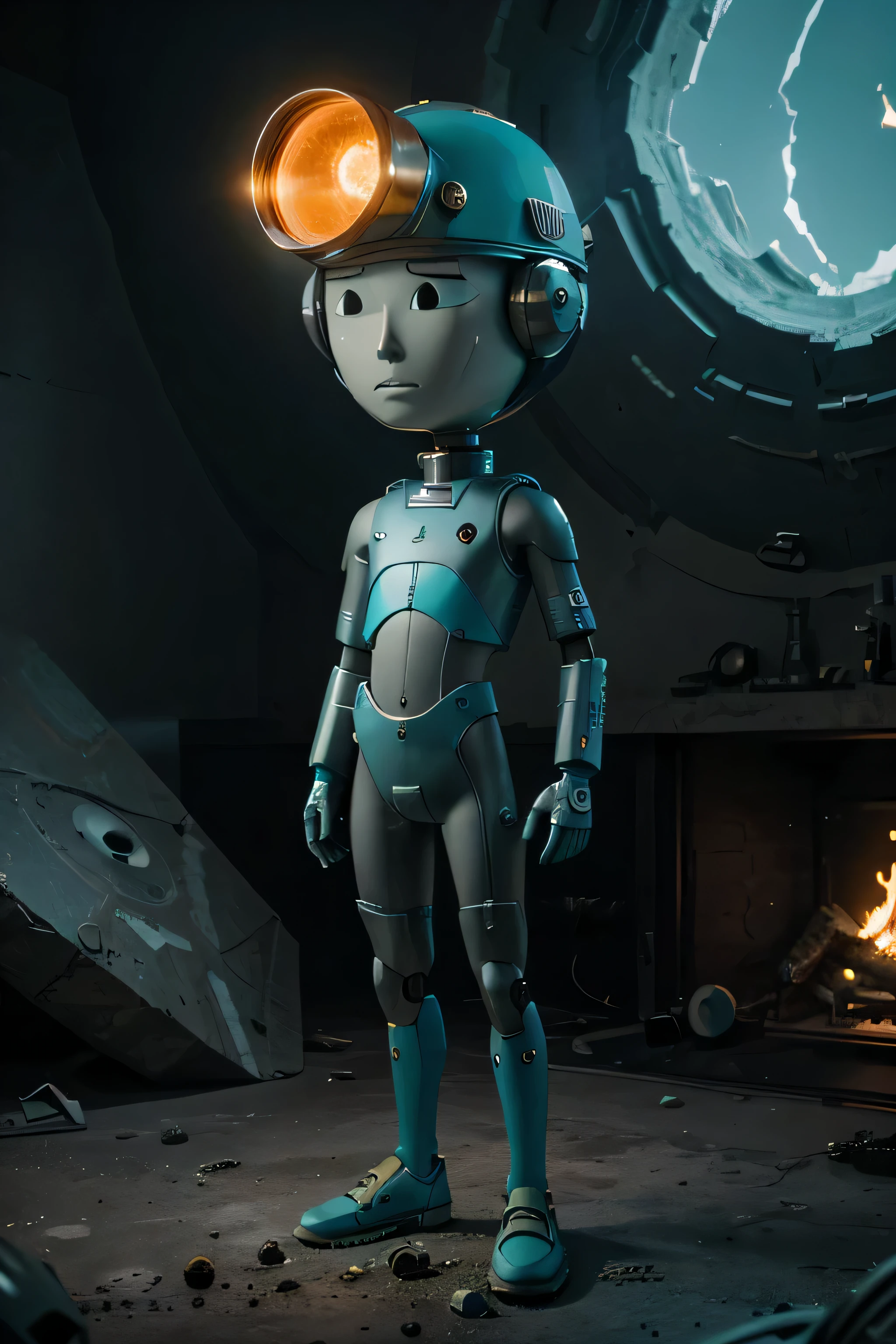 Un dibujo animado plano moderno Loco con un robot con un solo ojo, con casco, Pinzas en las manos, Cabeza de TV, cabeza de alfiler, camuflaje cian Amarillo Blanco Oxidado, Atmosphere in the crater of a super-detailed meteorite, centro, hermoso, Soft lighting, Centrado en el personaje, 4k resolution, photorealistic representation.