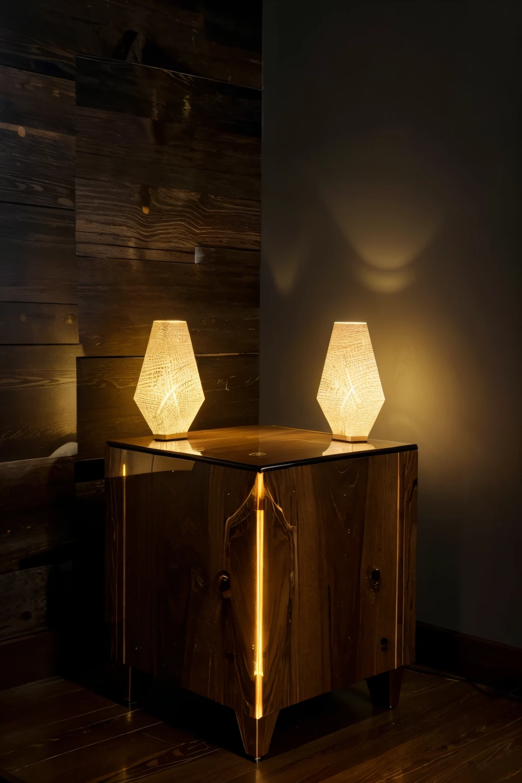 (best quality,highres,ultra-detailed,realistic:1.2),wooden slab nightstand,epoxy resin filling,illuminated by LED ????? light,modern interior design,contemporary furniture,ambient glow,smooth surface finish,natural wood grain texture,striking color contrast,warm and cozy atmosphere,reflective glossy sheen,sculptural tabletop,artistic charm,eye-catching centerpiece,meticulous craftsmanship,seamless resin integration,unique and elegant,high-quality materials,vivid and vibrant colors