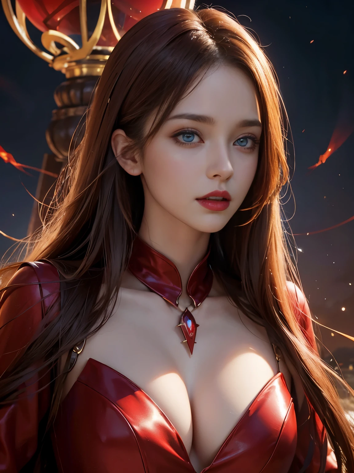 close up of a beautifully evil model, powerful 35-year-old goddess, hourglass figure, enticing red dress, symmetrical, highly detailed face, long flowing hair, blue eyes, lush red lips, enticing woman, alluring woman, electric woman attracting red lightning, facing viewer, looking at viewer, real, high detail, best quality, electric woman, splashes of red lightning behind her, 8k magic