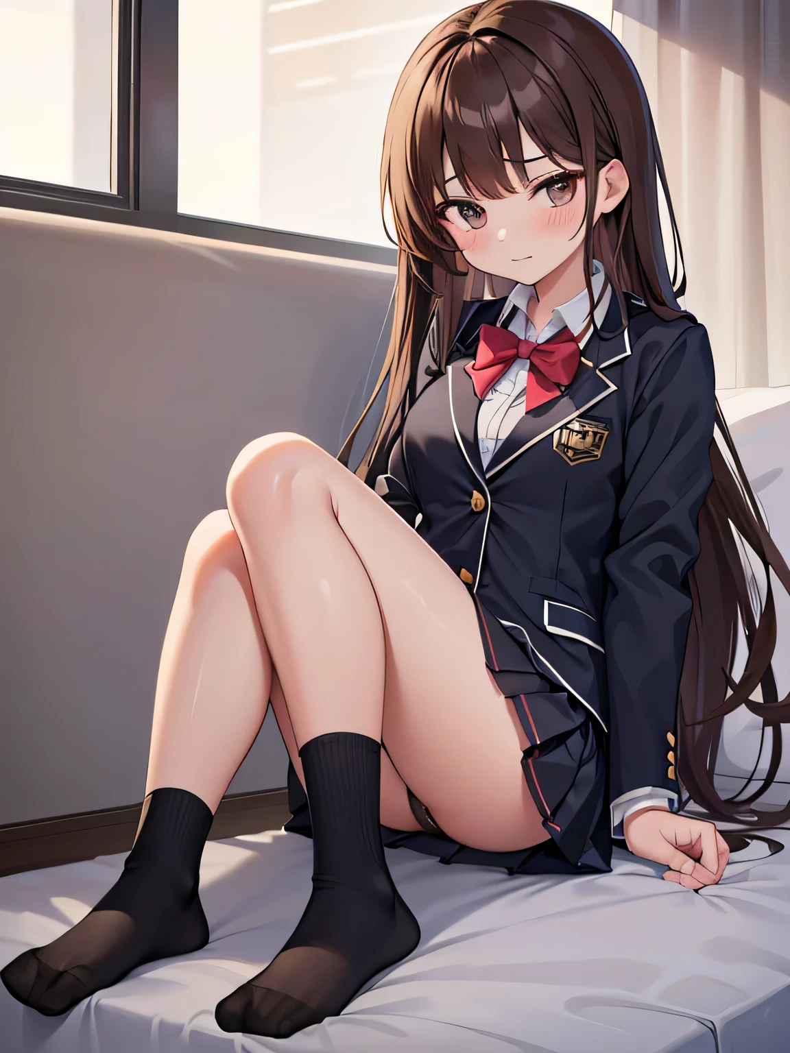 (1) There is one high school girl. She raises her skirt and provokes herself..
(2) High school girl wears a blazer and miniskirt uniform, and her feet are socks.
(3) She has long brown hair.
(4) The location is inside a love hotel..