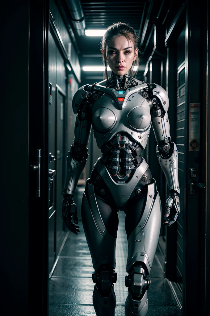 one woman, Brutal woman, cyborg, mechanical body, mechanical implants on the face, mechanical arms and legs, mechanical spine, robot, stern face, cybernetic face, red eyes, horror, fear, horror, in a dark corridor, cyberpunk style, night,  dark atmosphere, debris everywhere, eye contact, looking at viewer, masterpiece, best quality, perfect detail, perfect face detail, perfect eye detail, perfect skin detail, depth of field, perfect lighting